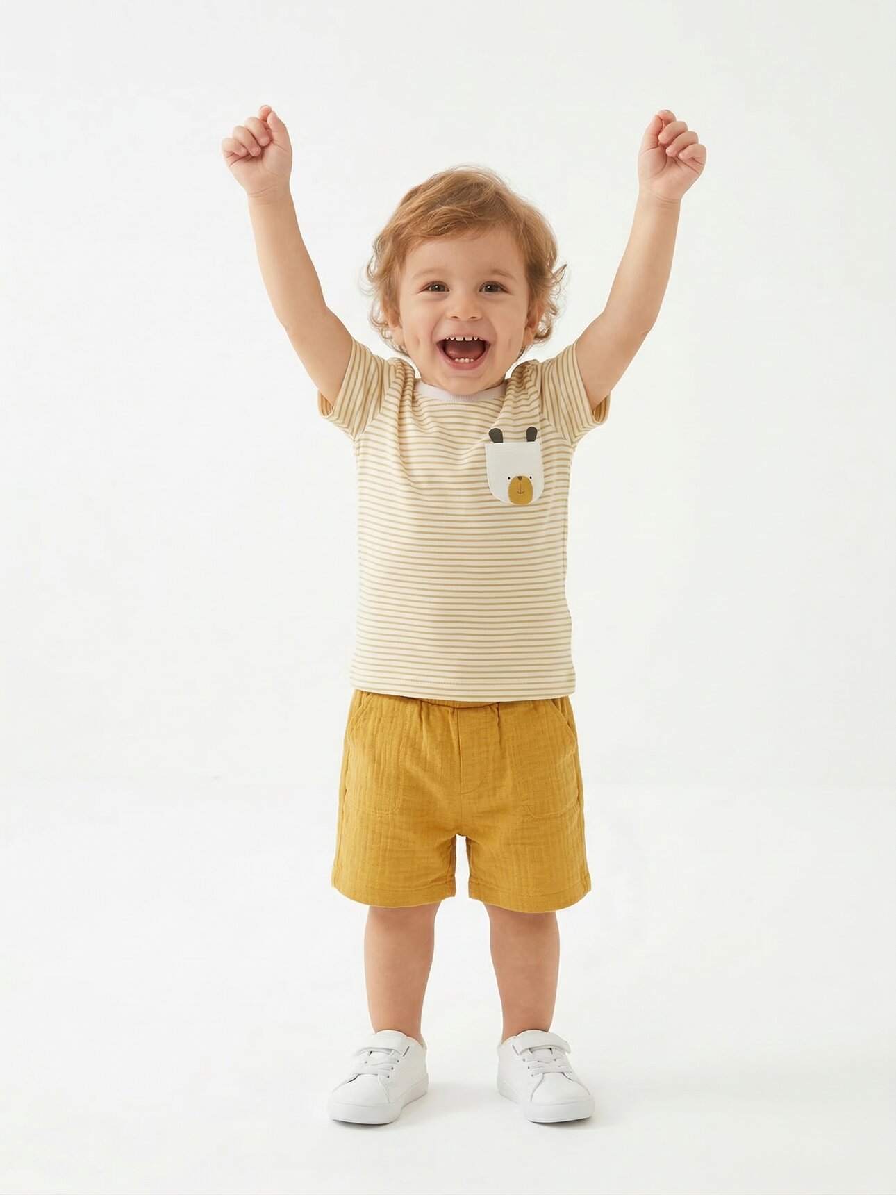 Pamuklu Sevimli Ayıcık Cep Detaylı Organik Müslin Şortlu Erkek Bebek 2li Şortlu Takım