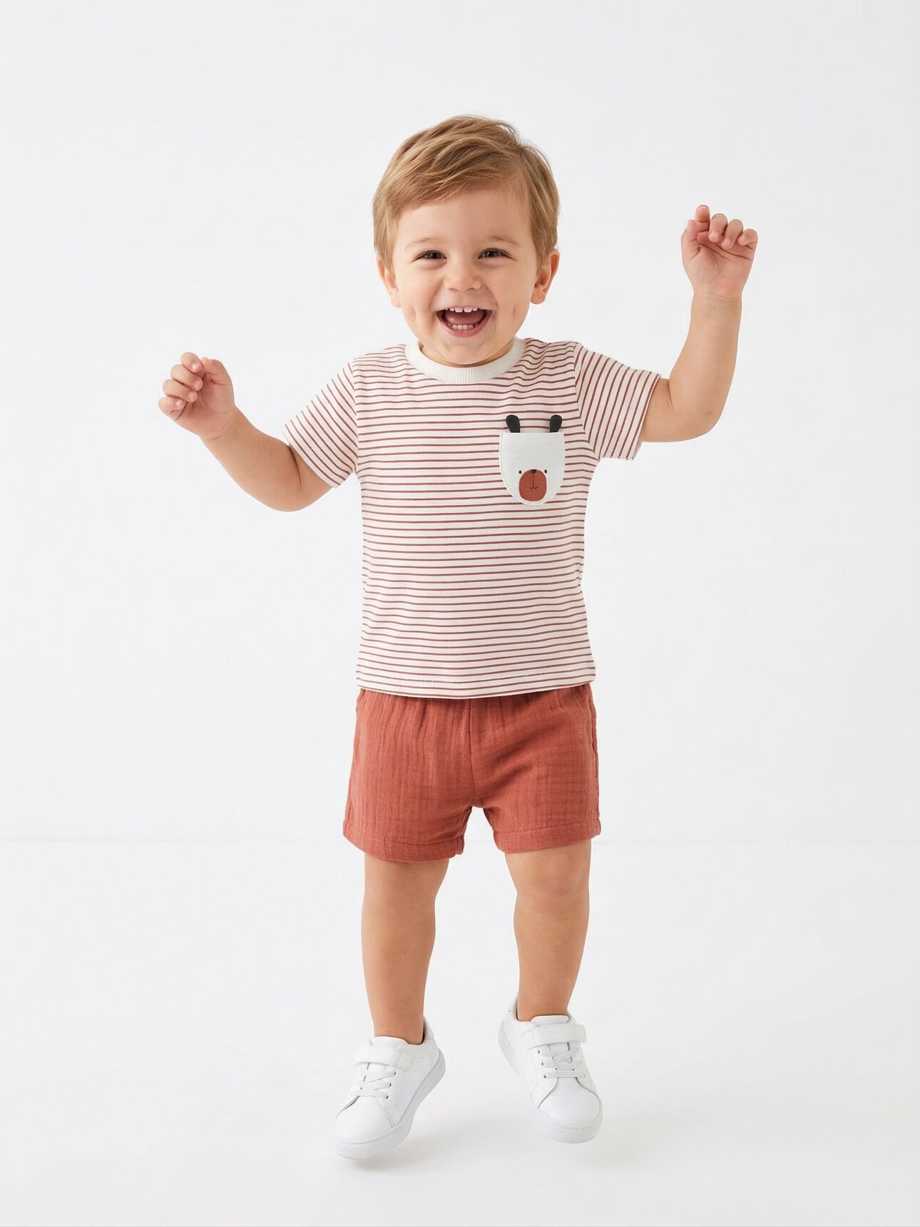 Pamuklu Sevimli Ayıcık Cep Detaylı Organik Müslin Şortlu Erkek Bebek 2li Şortlu Takım