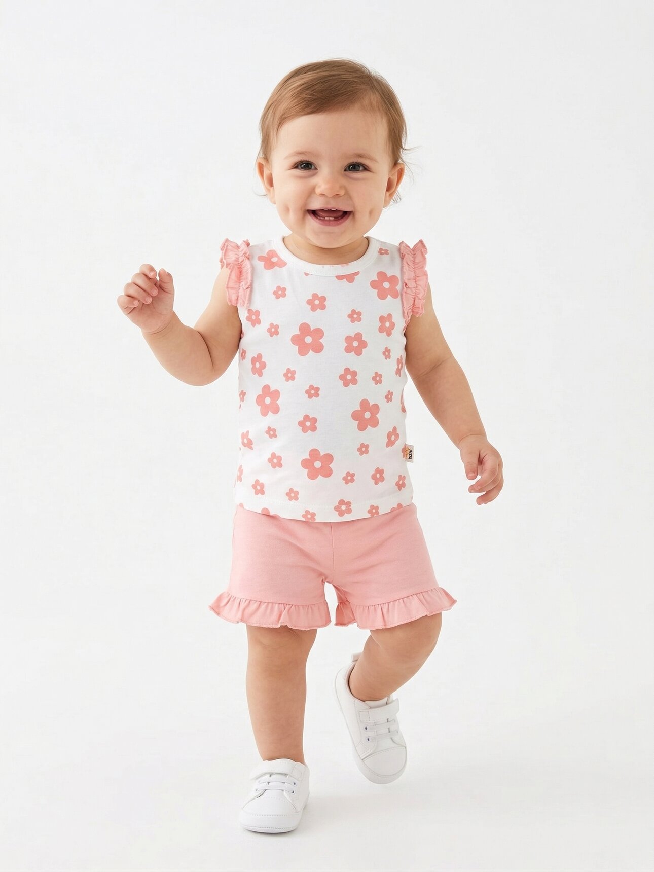 Pamuklu Çiçek Desenli Kız Bebek 2li Şortlu Takım