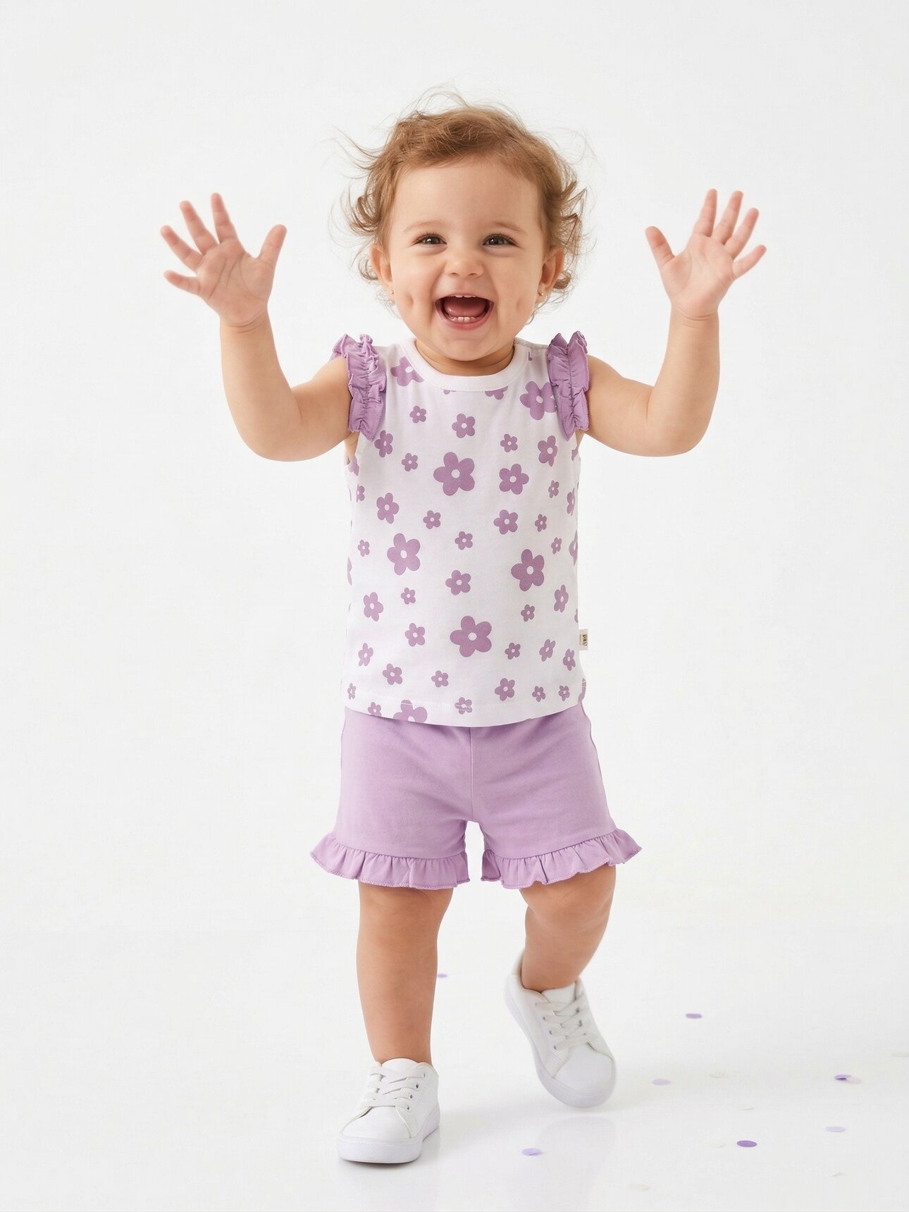 Pamuklu Çiçek Desenli Kız Bebek 2li Şortlu Takım