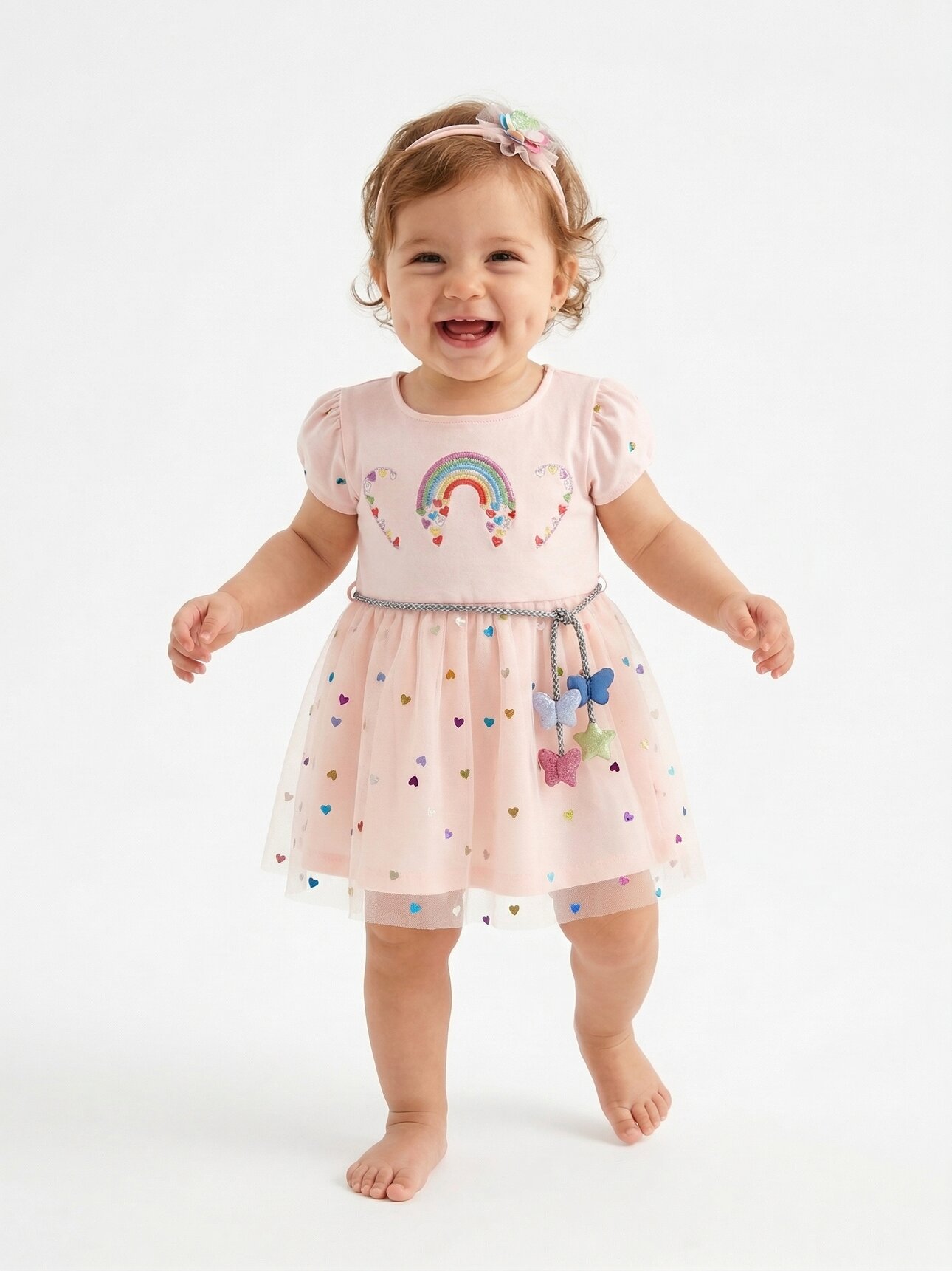 Pamuklu Gökkuşağı Desenli 2li Kız Bebek Elbise
