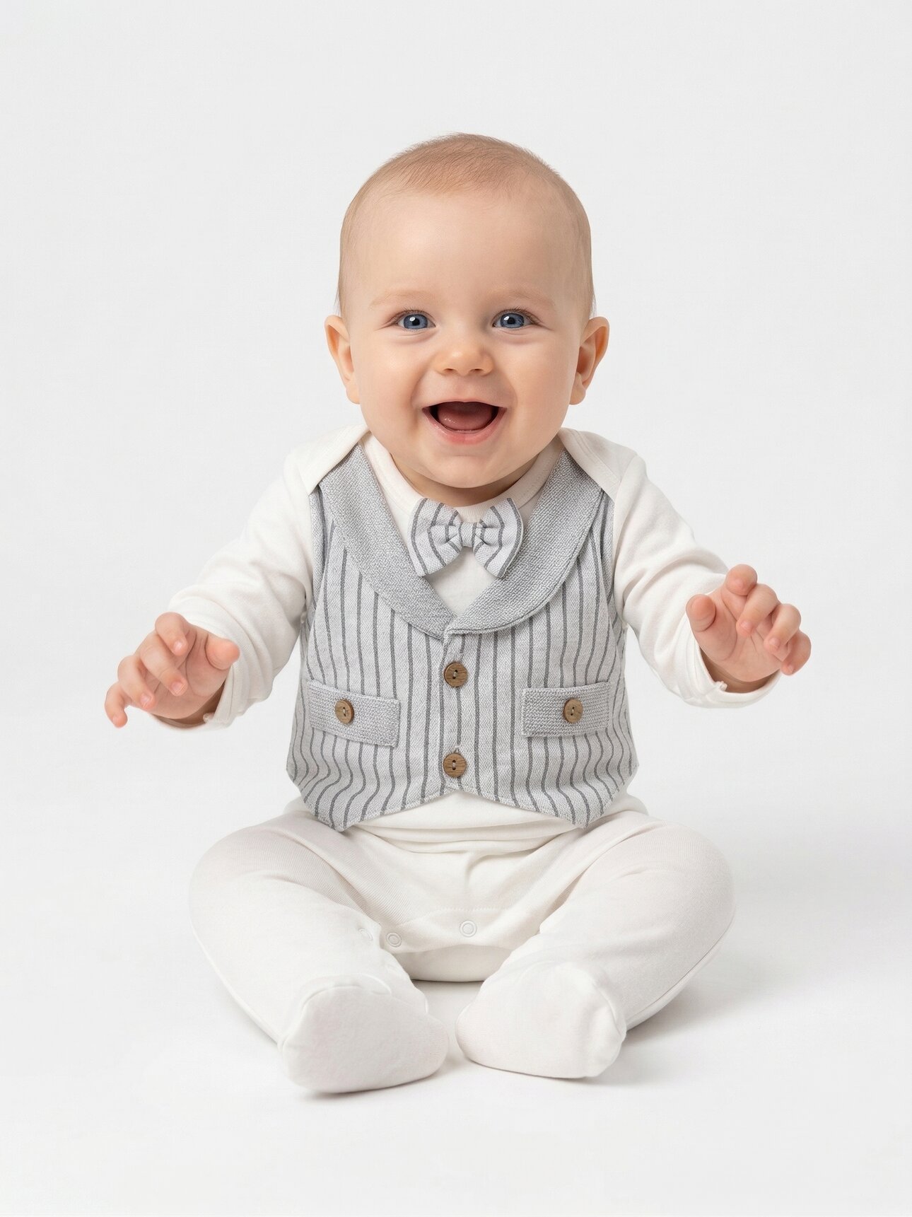 Pamuklu Papyon Detaylı Çizgili Erkek Bebek Tulum