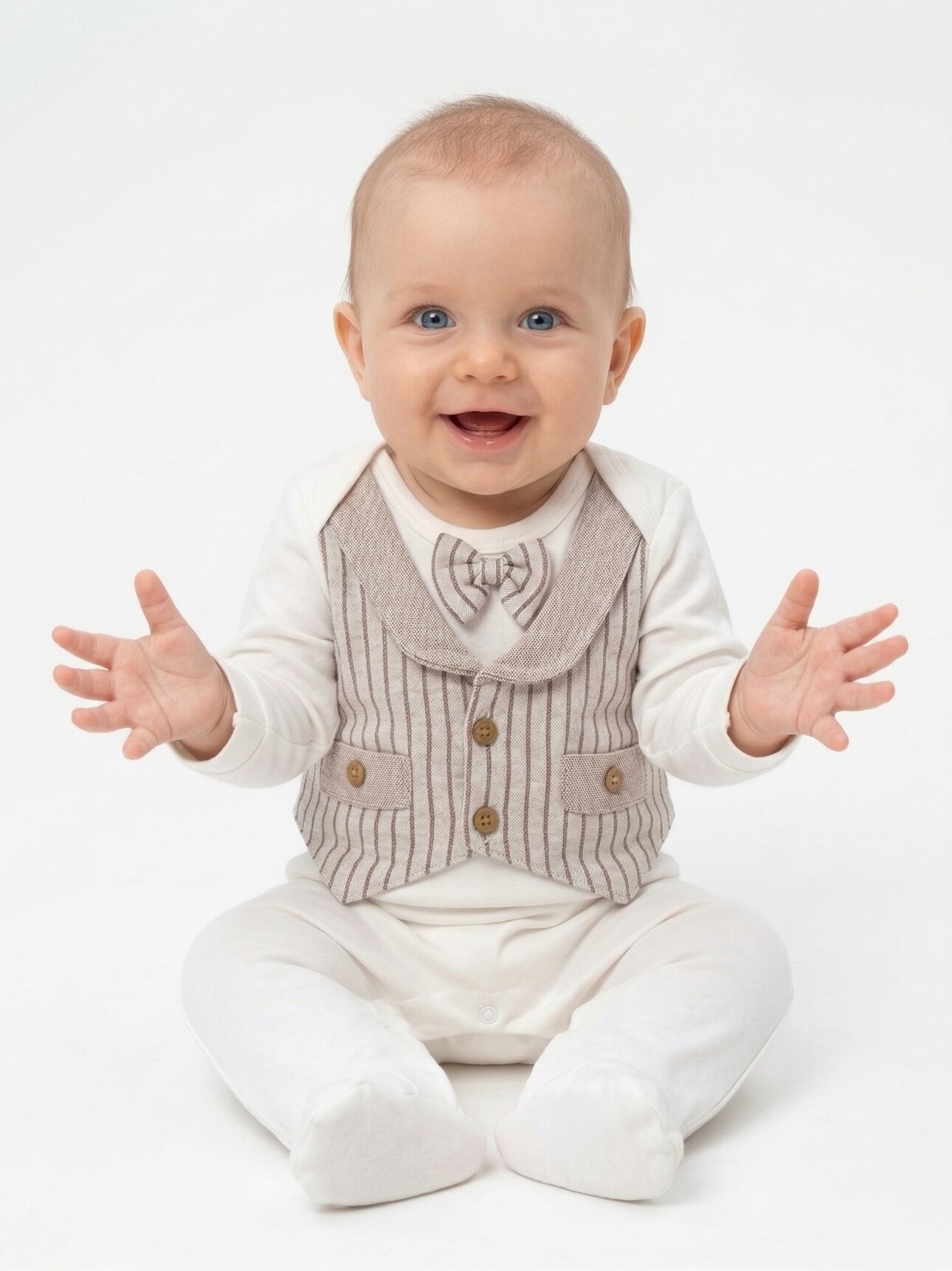 Pamuklu Papyon Detaylı Çizgili Erkek Bebek Tulum