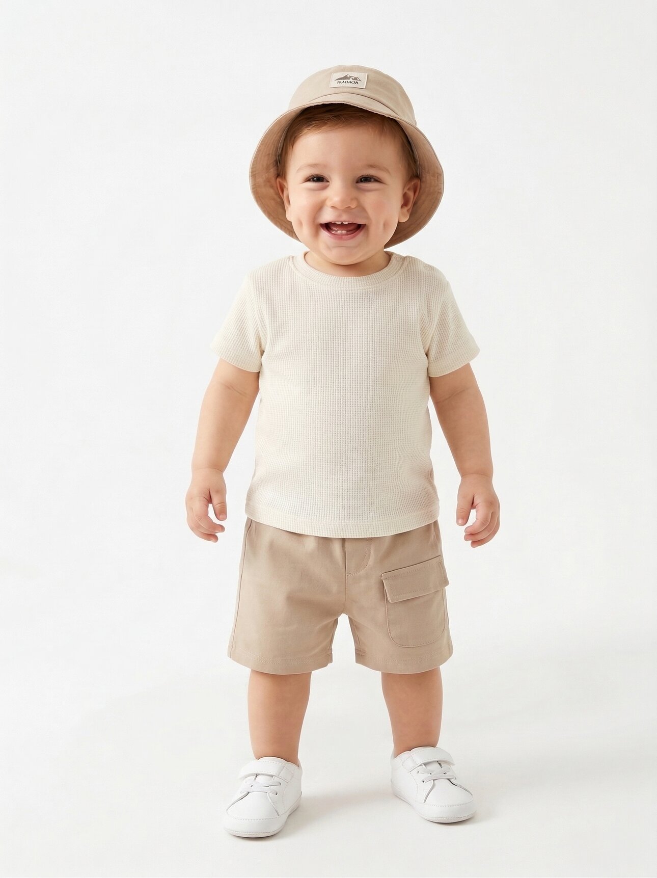 Krem Renk Cep Detaylı Şapkalı Bisiklet Yaka  3 lü Erkek Bebek Takım