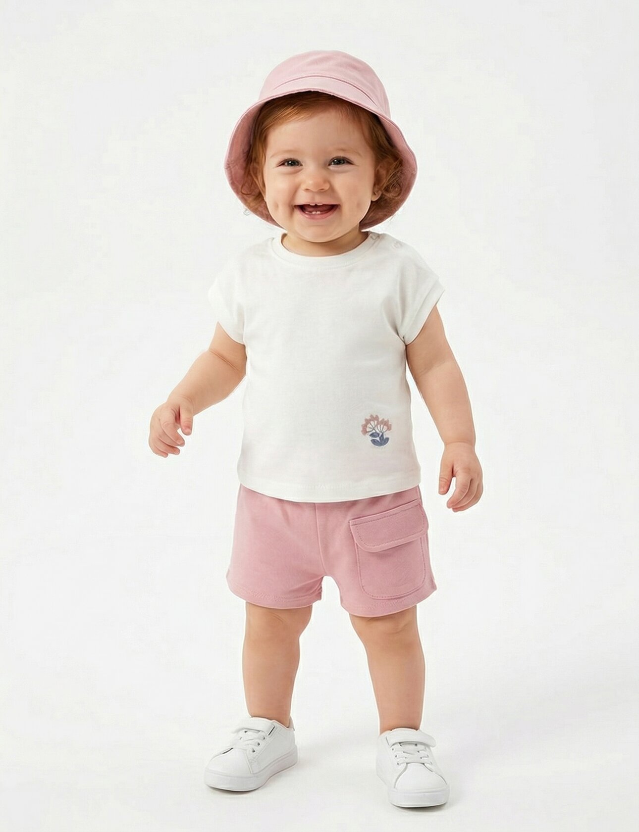 Pamuklu Çiçek İşlemeli Şapkalı Şortlu 3lu Kız Bebek Takım
