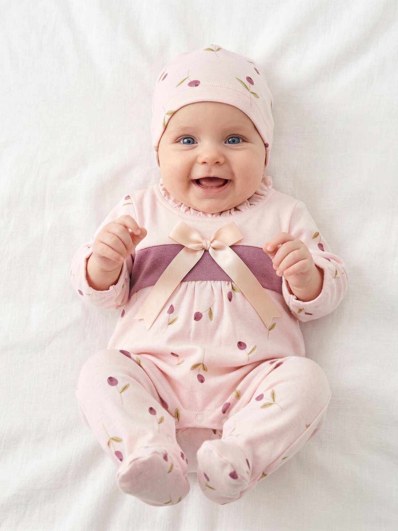 Mevsimlik Pamuklu Fiyonk Detaylı Şapkalı Kız Bebek 2li Tulum Takım