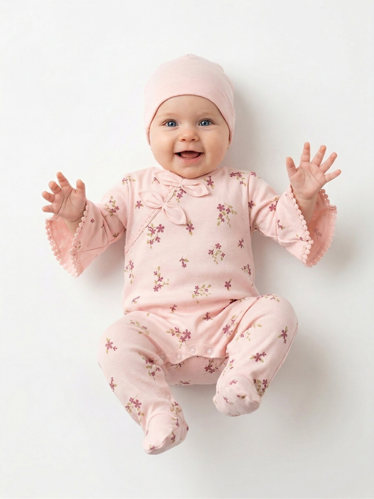 Mevsimlik Pamuklu Fiyonk Detaylı Şapkalı Kız Bebek 2li Tulum Takım