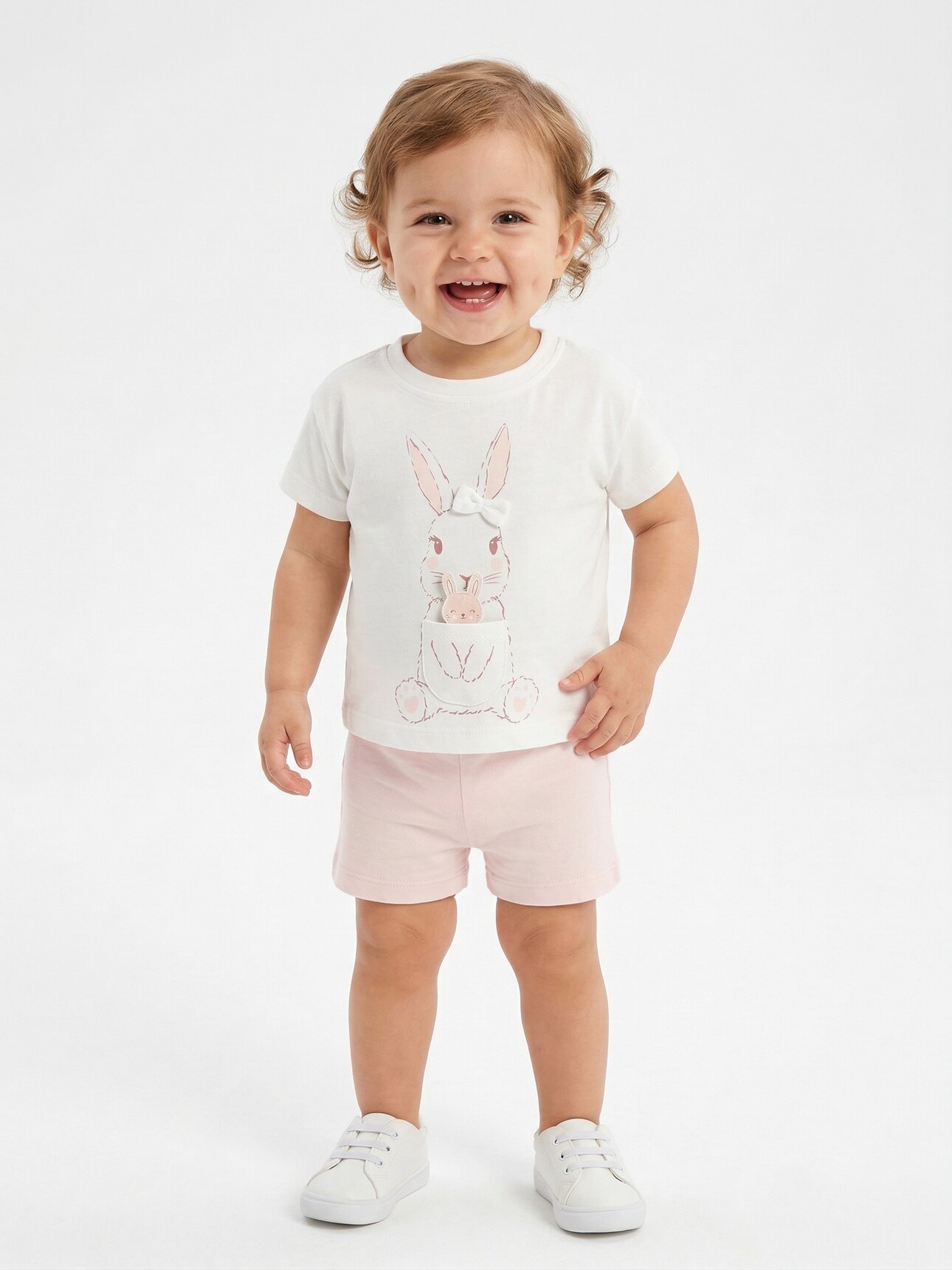 Pamuklu Tavşan Detaylı Kız Bebek 2li Şortlu Takım