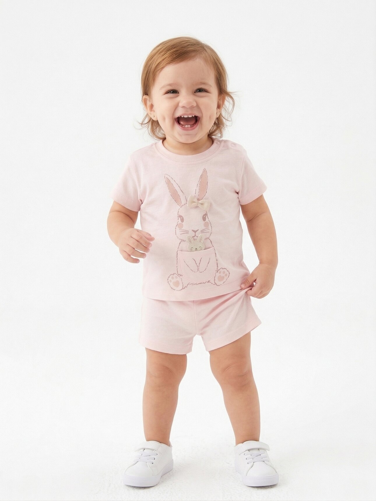 Pamuklu Organik Tavşan Detaylı Kız Bebek 2li Şortlu Takım