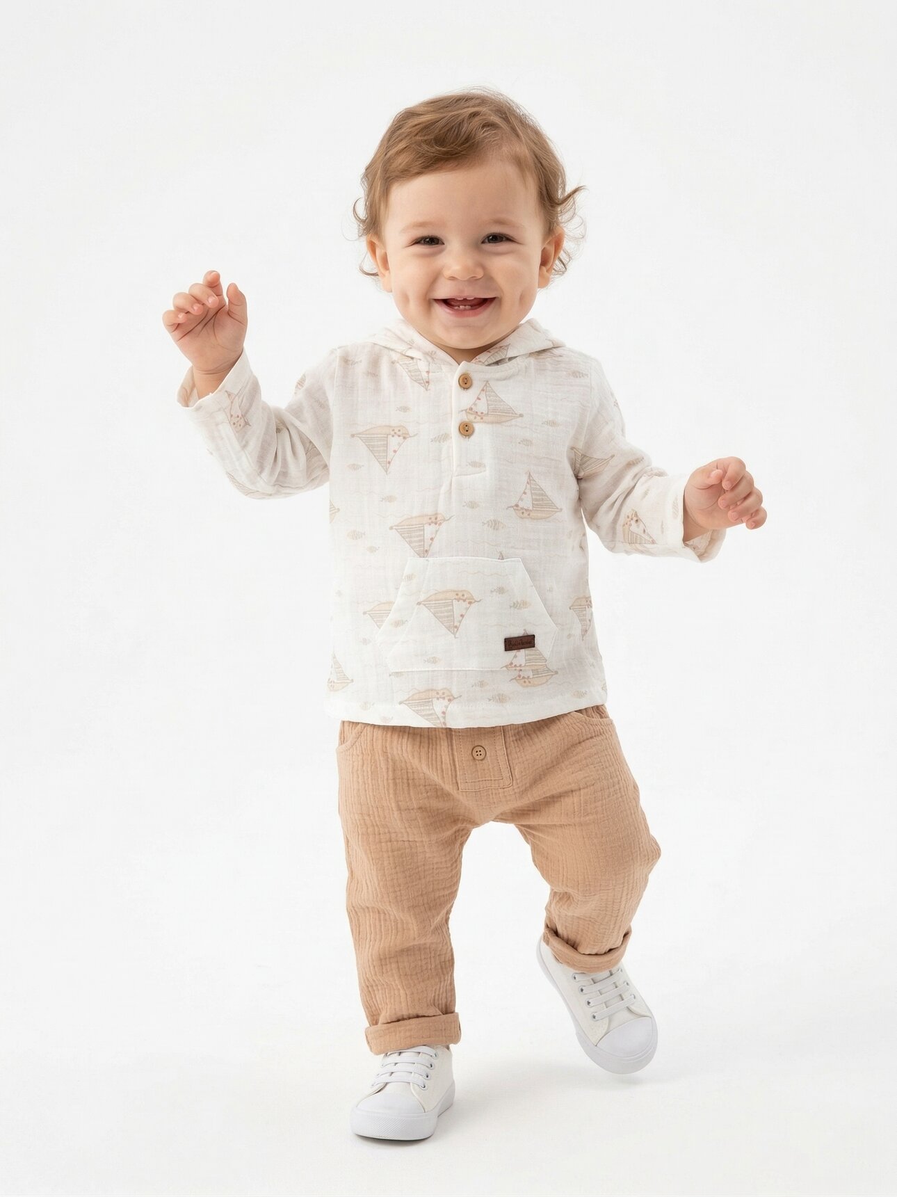 Pamuklu Yelken Desenli Müslin Erkek Bebek Takım