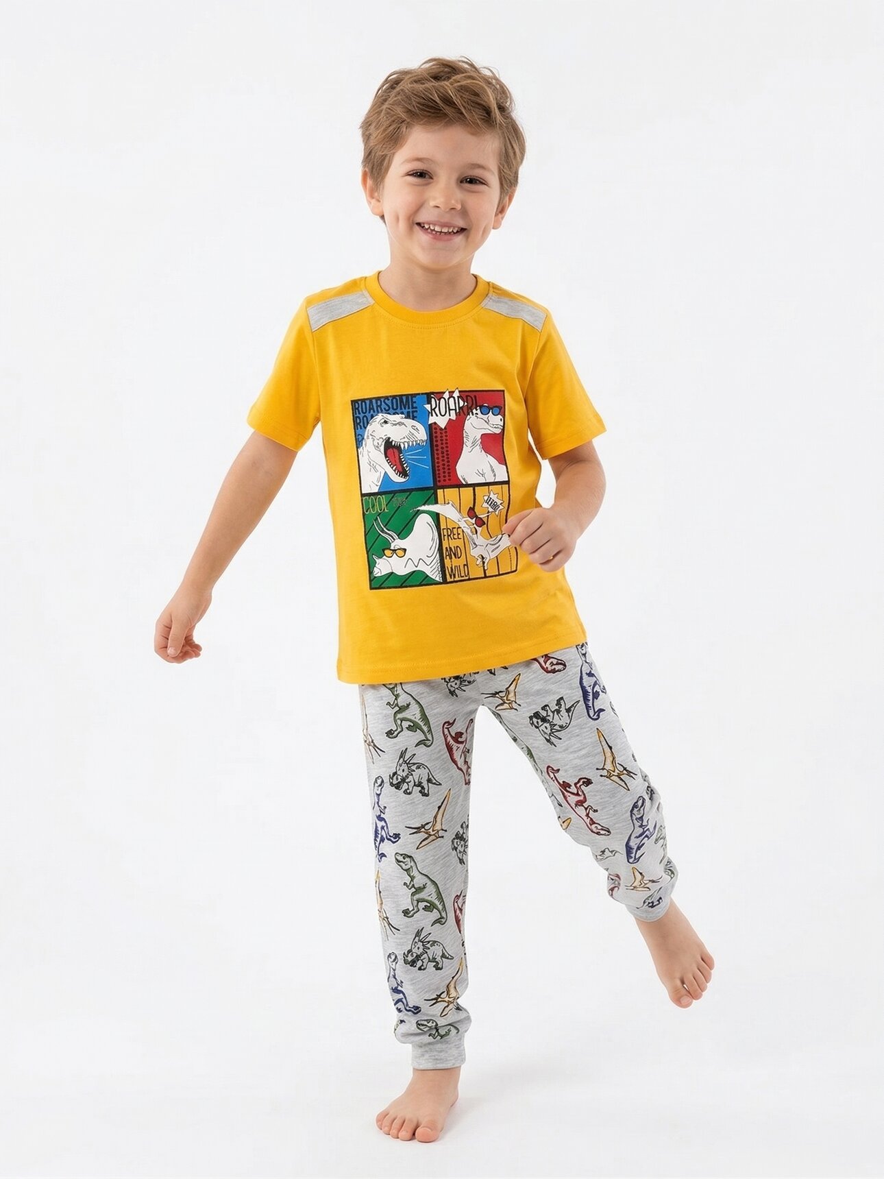 Pamuklu Kaliteli Dinozor Desenli 2li Erkek Çocuk Esofman Takımı