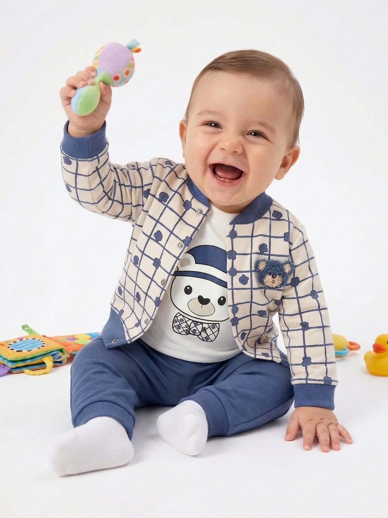 Pamuklu Ayı Desenli Erkek Bebek 3lü Takım - Görsel 2