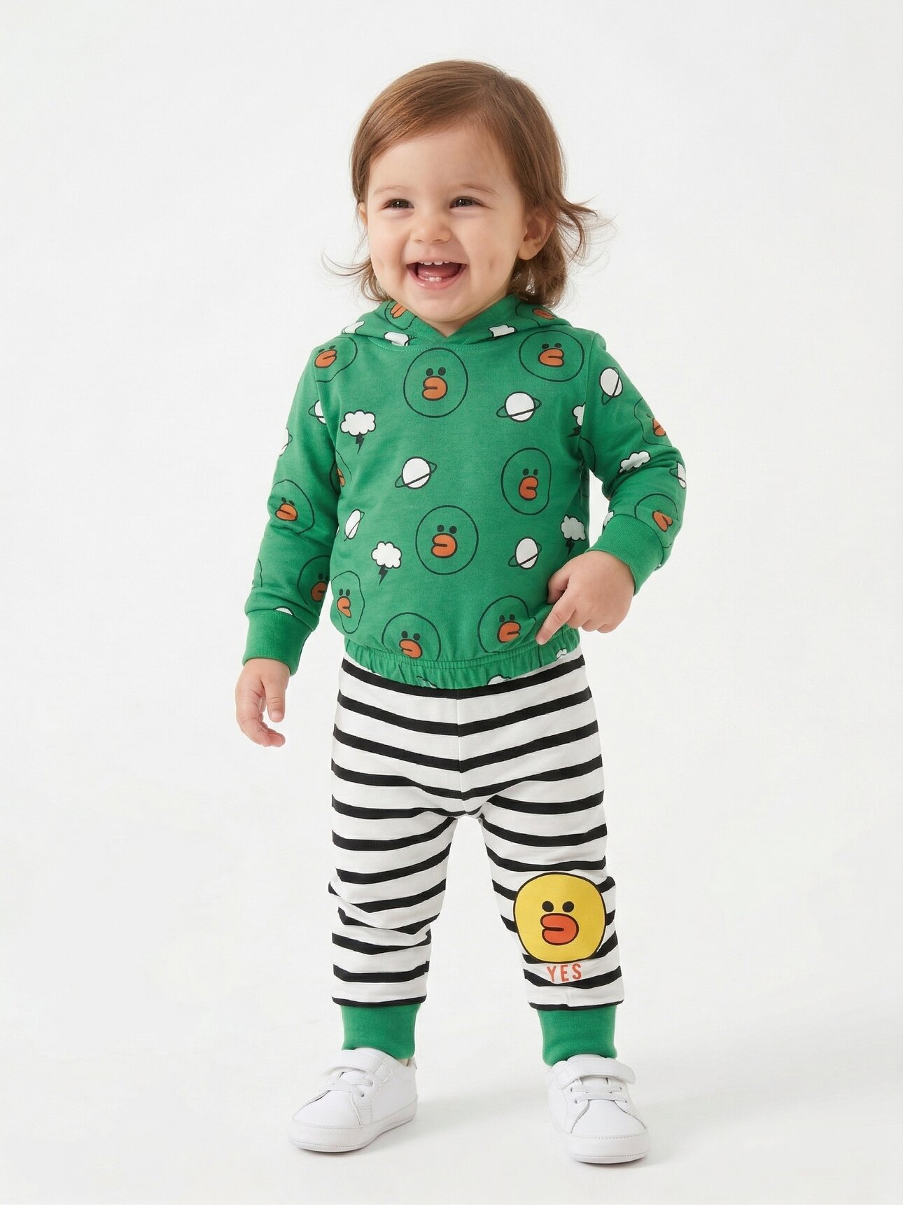 Pamuklu Ördek Desenli Kapüşonlu Kız Bebek 2li Takım