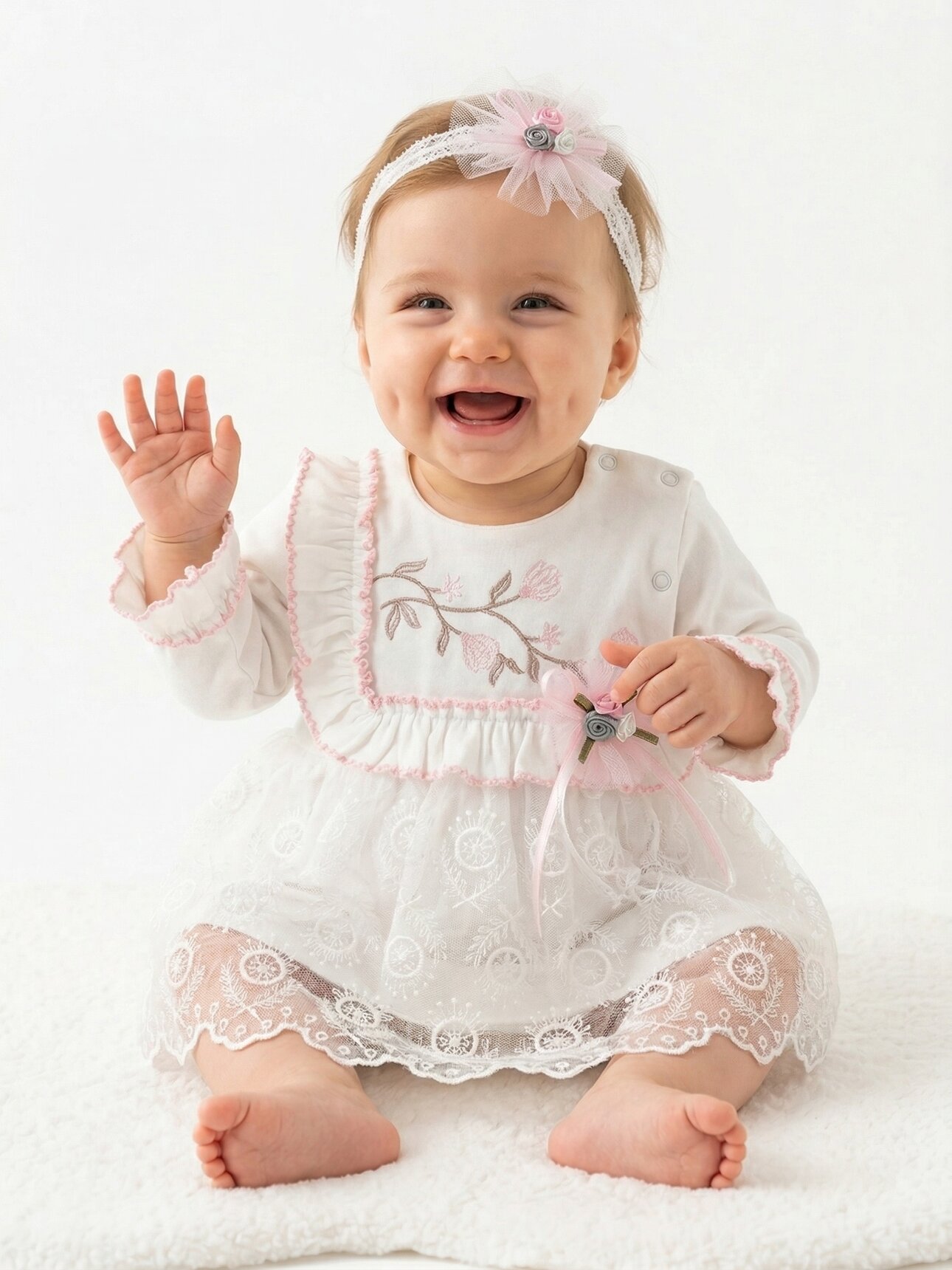 Pamuklu Çiçek Nakışlı  Bandanalı Kız Bebek Elbise