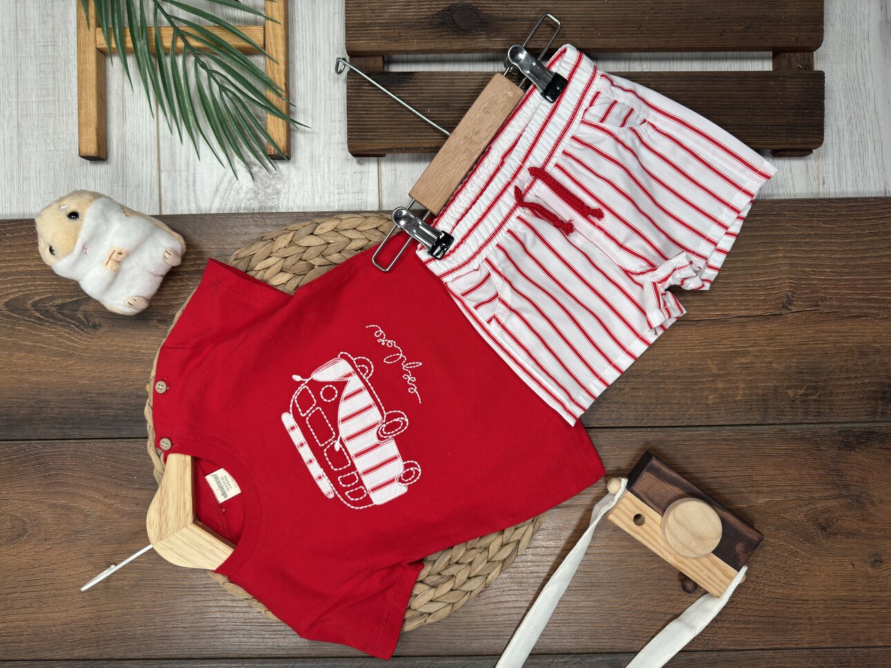 Pamuklu Karavan Detaylı Şeritli Poplin Kumaş Şortlu Erkek Bebek 2li  Takım