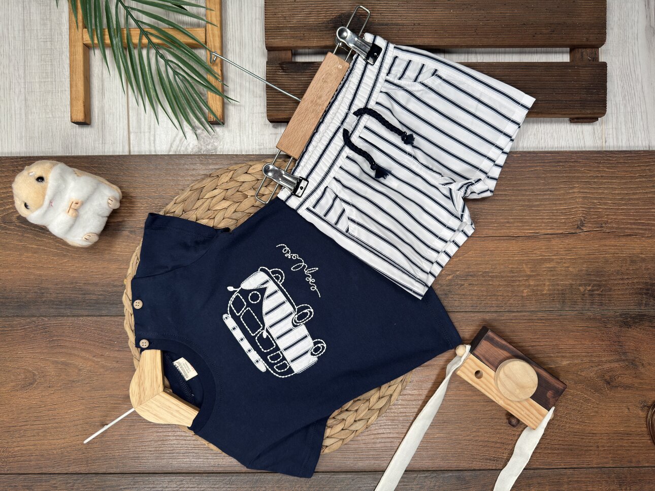 Pamuklu Karavan Detaylı Şeritli Poplin Kumaş Şortlu Erkek Bebek 2li Takım