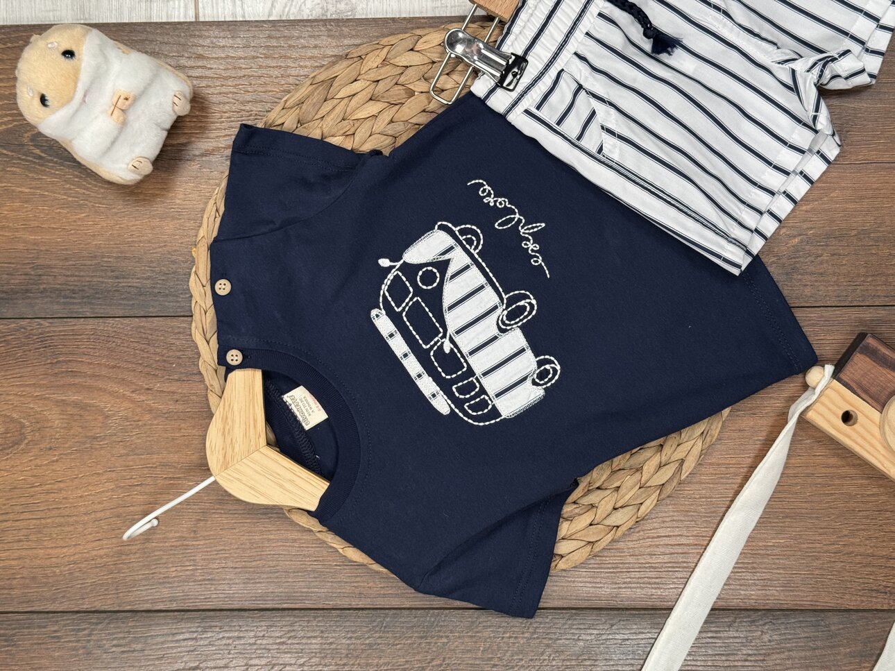 Pamuklu Karavan Detaylı Şeritli Poplin Kumaş Şortlu Erkek Bebek 2li Takım