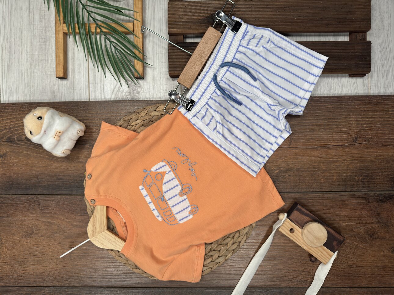 Pamuklu Karavan Detaylı Şeritli Poplin Kumaş Şortlu Erkek Bebek 2li Takım