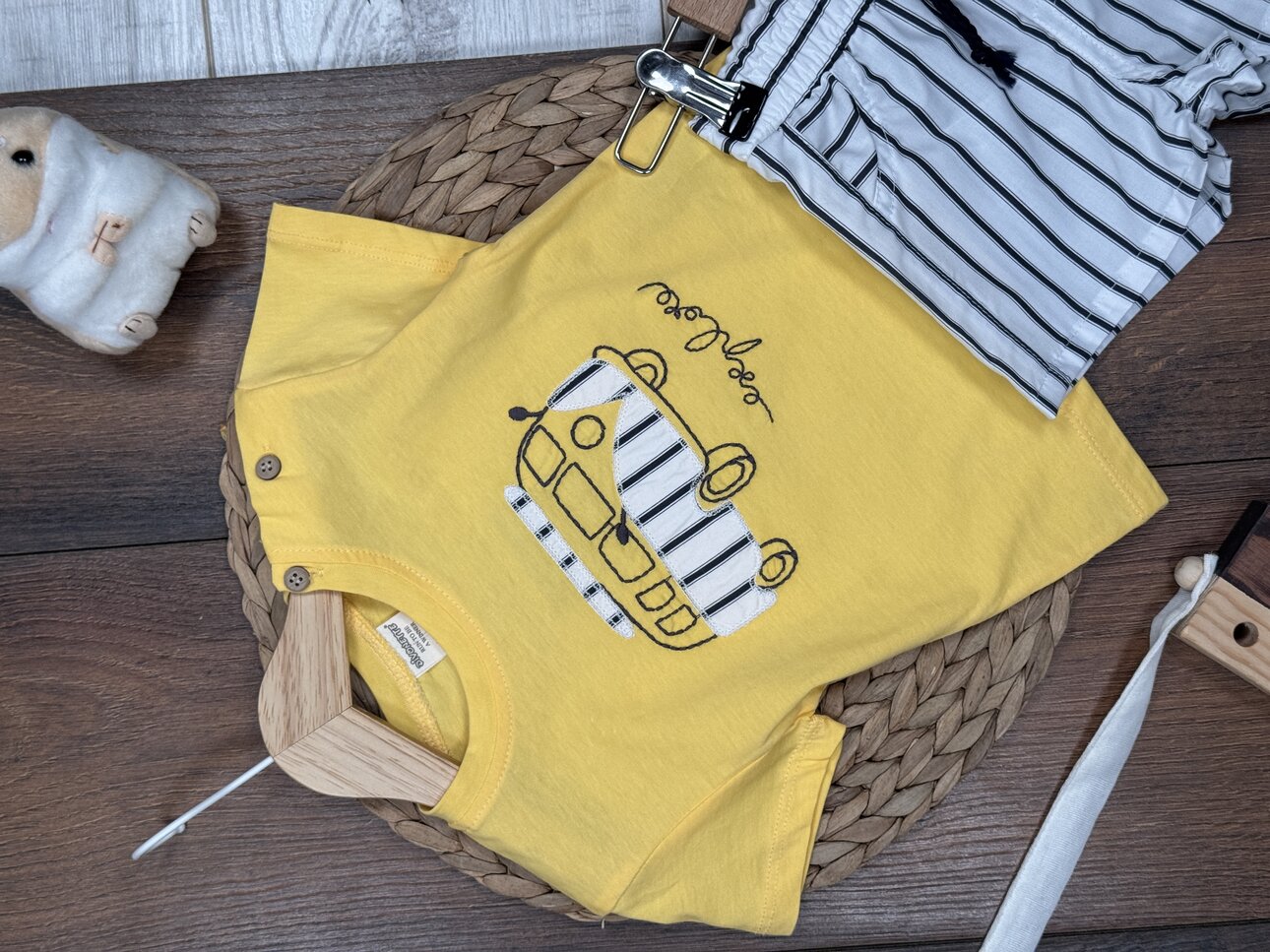 Pamuklu Karavan Detaylı Şeritli Poplin Kumaş Şortlu Erkek Bebek 2li  Takım