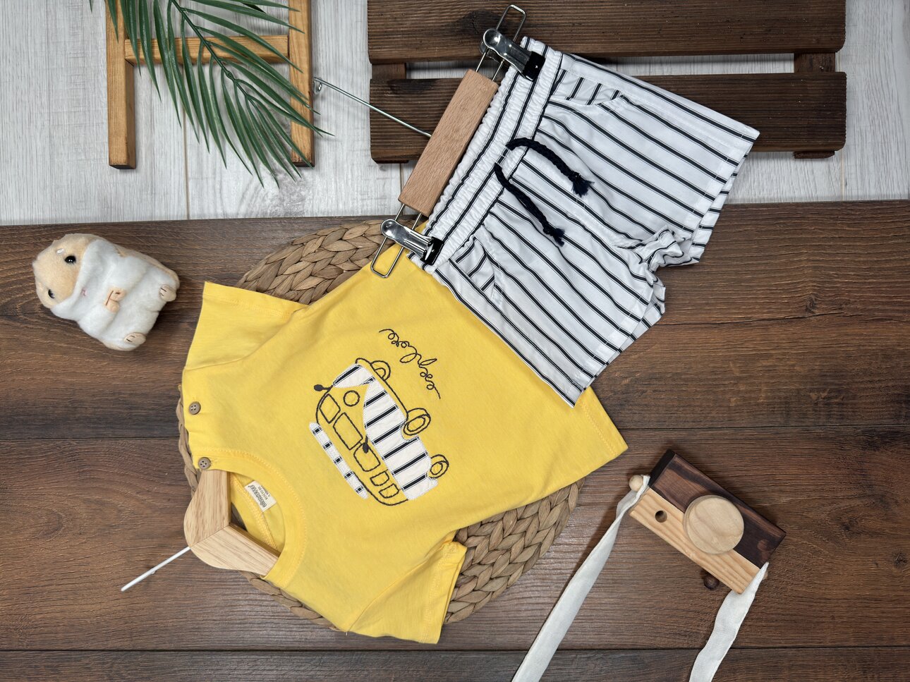 Pamuklu Karavan Detaylı Şeritli Poplin Kumaş Şortlu Erkek Bebek 2li  Takım