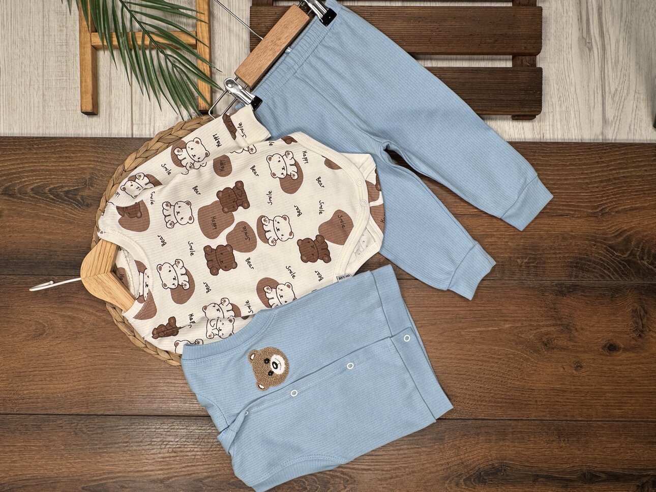 Pamuk Ayıcık Desenli 3lü Erkek Bebek Takım