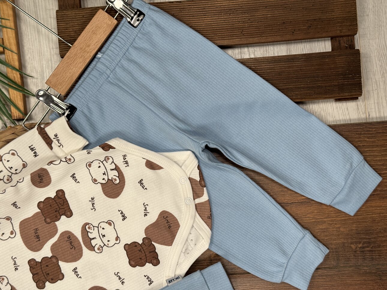 Pamuk Ayıcık Desenli 3lü Erkek Bebek Takım