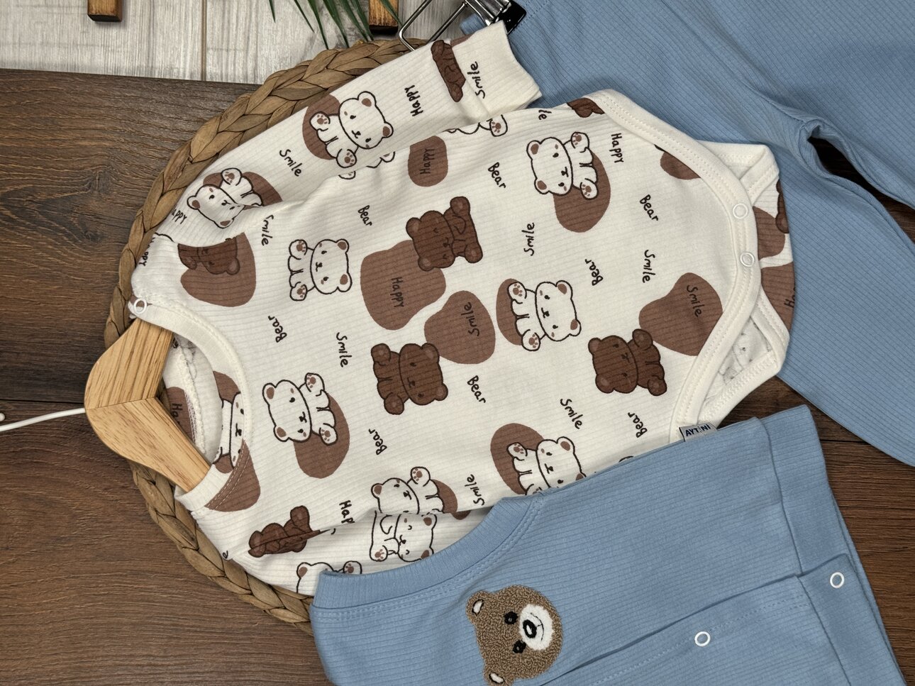 Pamuk Ayıcık Desenli 3lü Erkek Bebek Takım