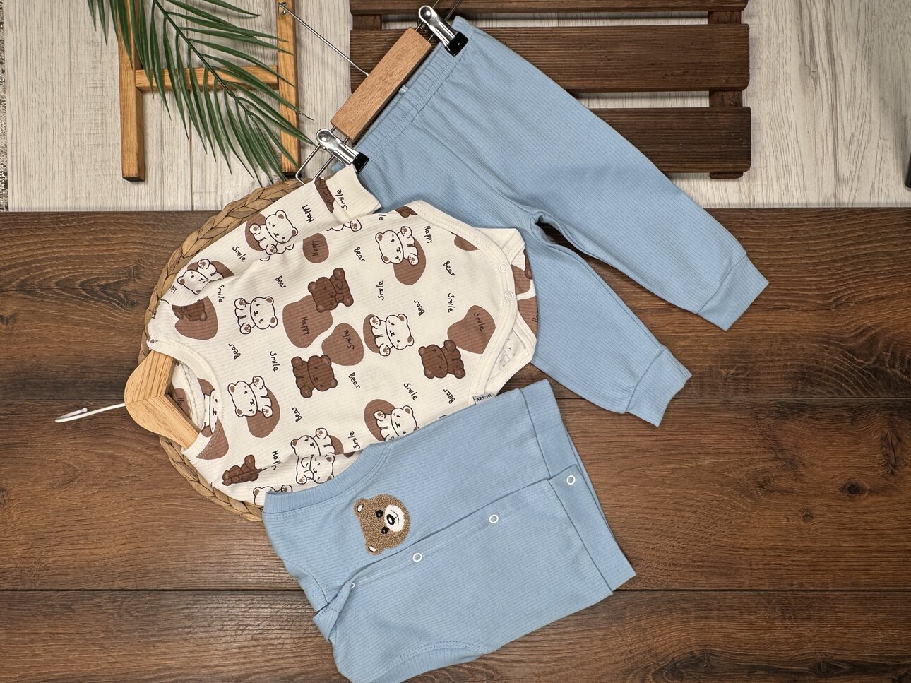 Pamuk Ayıcık Desenli 3lü Erkek Bebek Takım