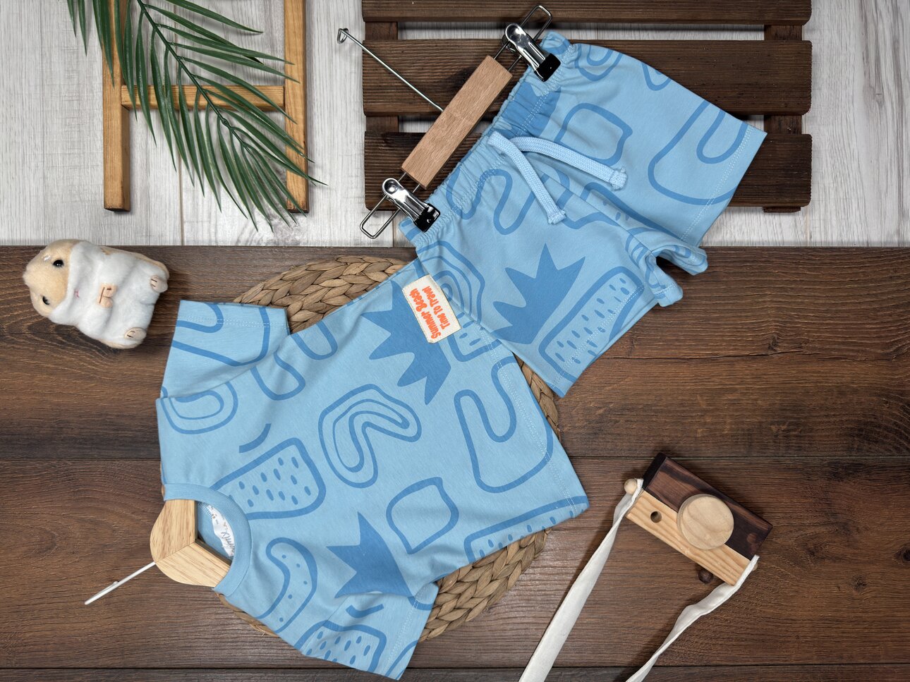 Pamuklu Sevimli Bitki Detaylı Şortlu Erkek Bebek 2li Takım