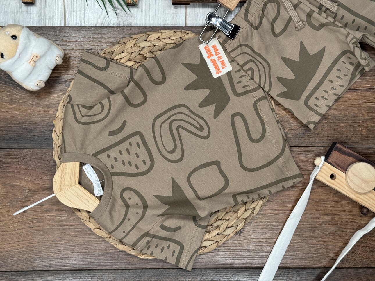 Pamuklu Sevimli Bitki Detaylı Şortlu Erkek Bebek 2li Takım