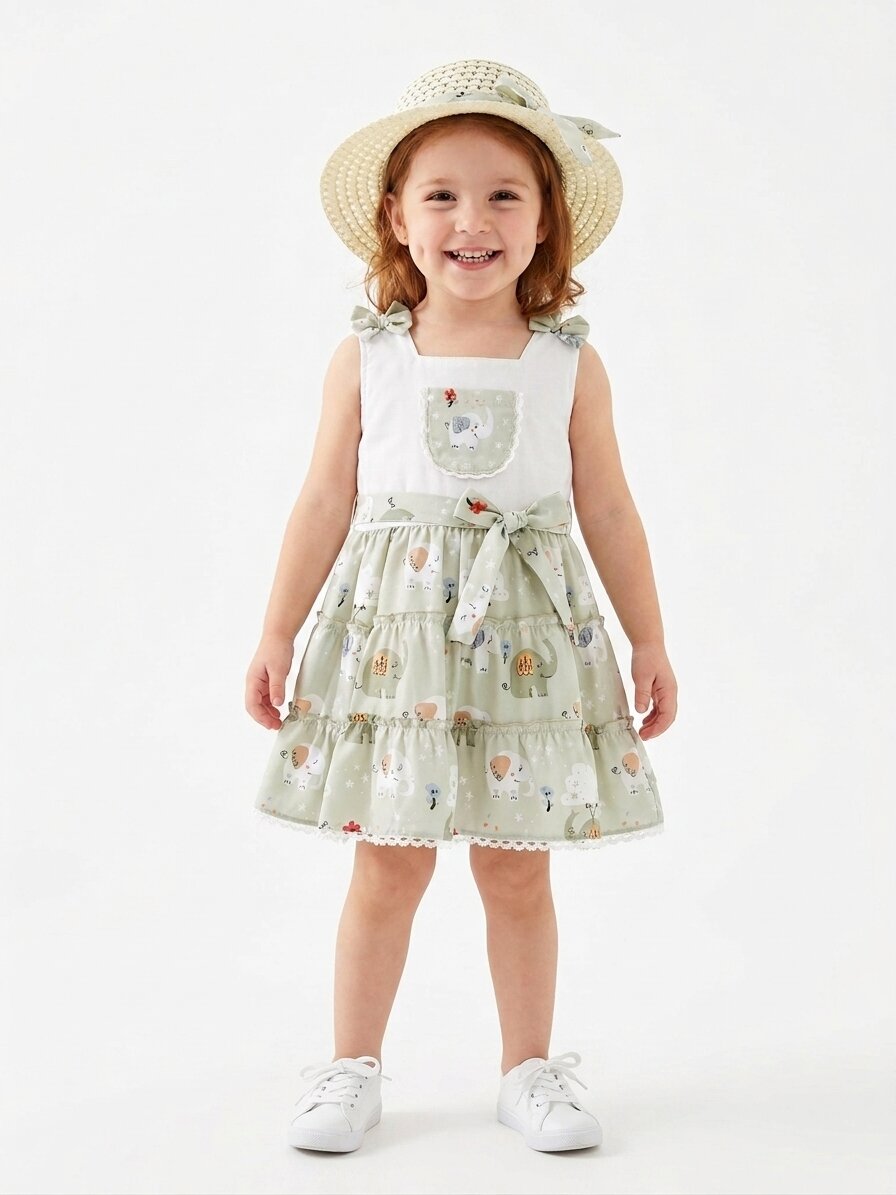 Dijital Baskılı Fil Desenli Elbise ve Şapka Kız Çocuk Elbise