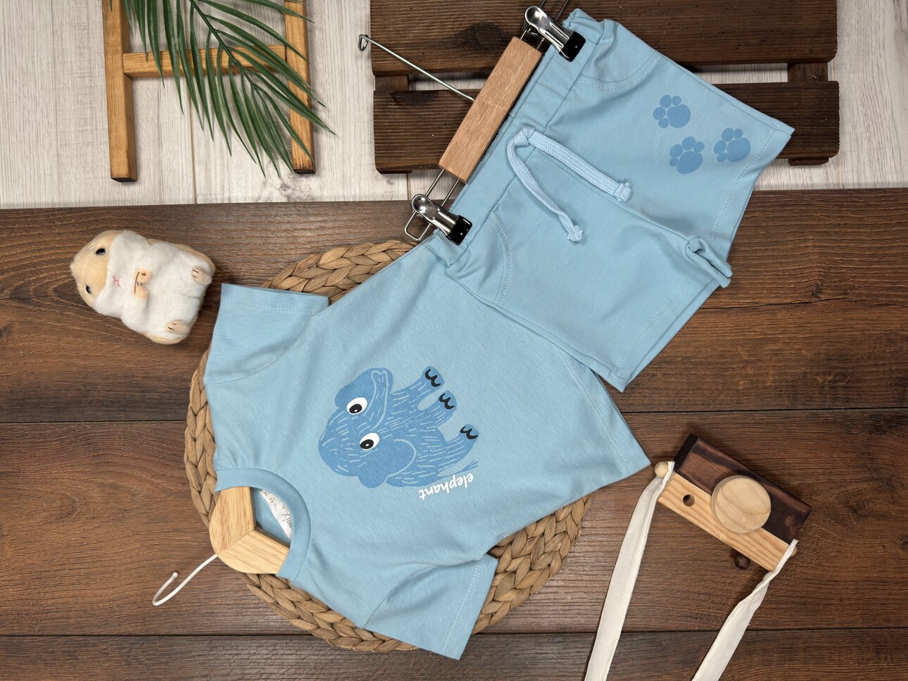 Pamuklu Sevimli Fil Detaylı Şortlu Erkek Bebek 2li Takım