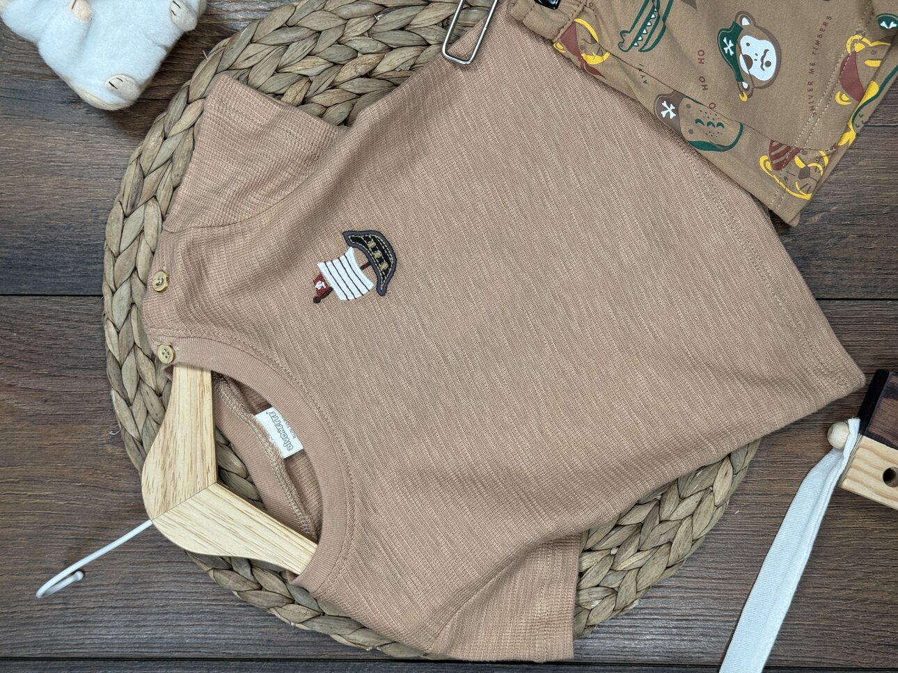 Pamuk Yelken Nakış Detaylı Waffle Kumaş Şortlu Erkek Bebek 2li Takım