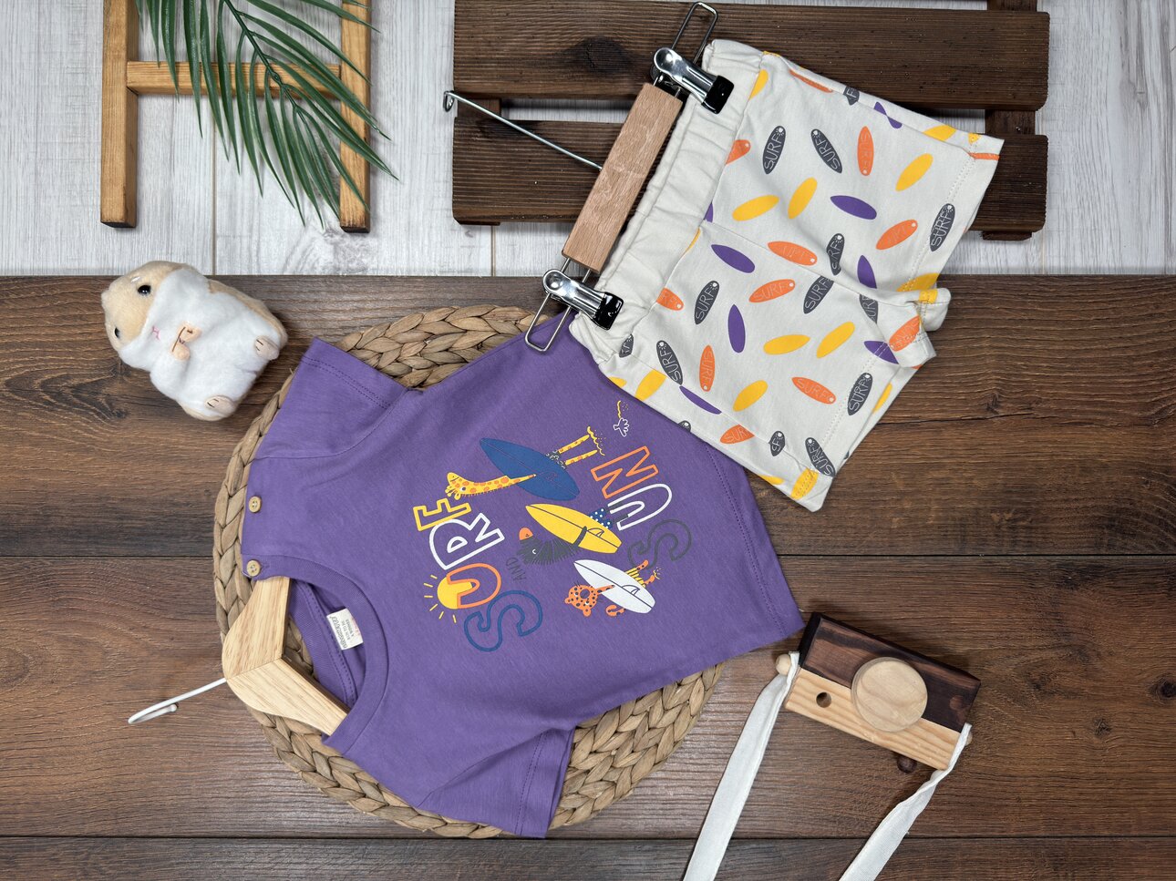 Organik Pamuklu Surf Detaylı Kız Bebek 2li Takım