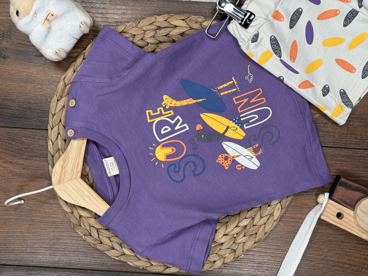 Organik Pamuklu Surf Detaylı Kız Bebek 2li Takım