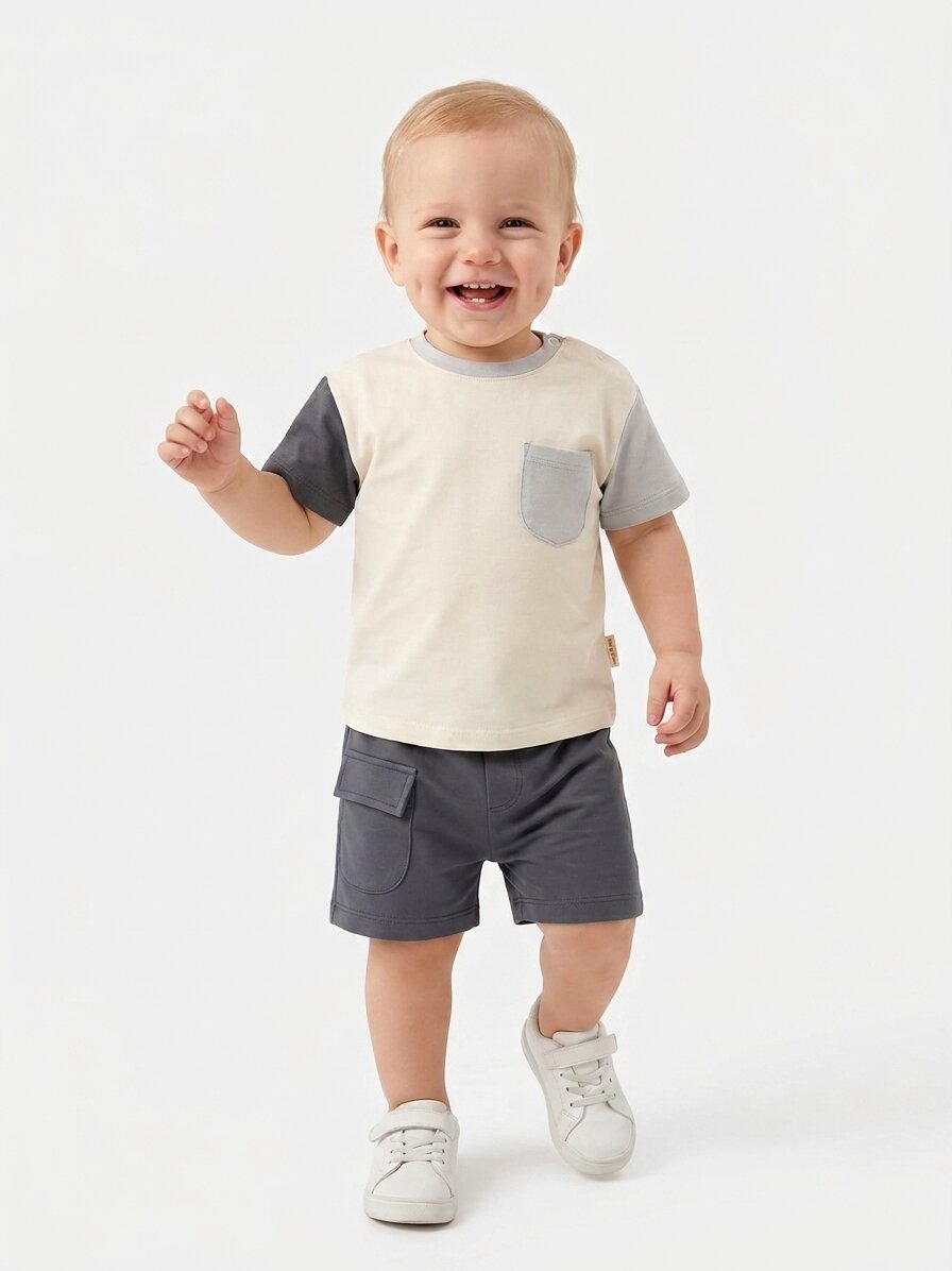 Cep Detaylı Yazlık 2li  Erkek Bebek Şortlu  Takım