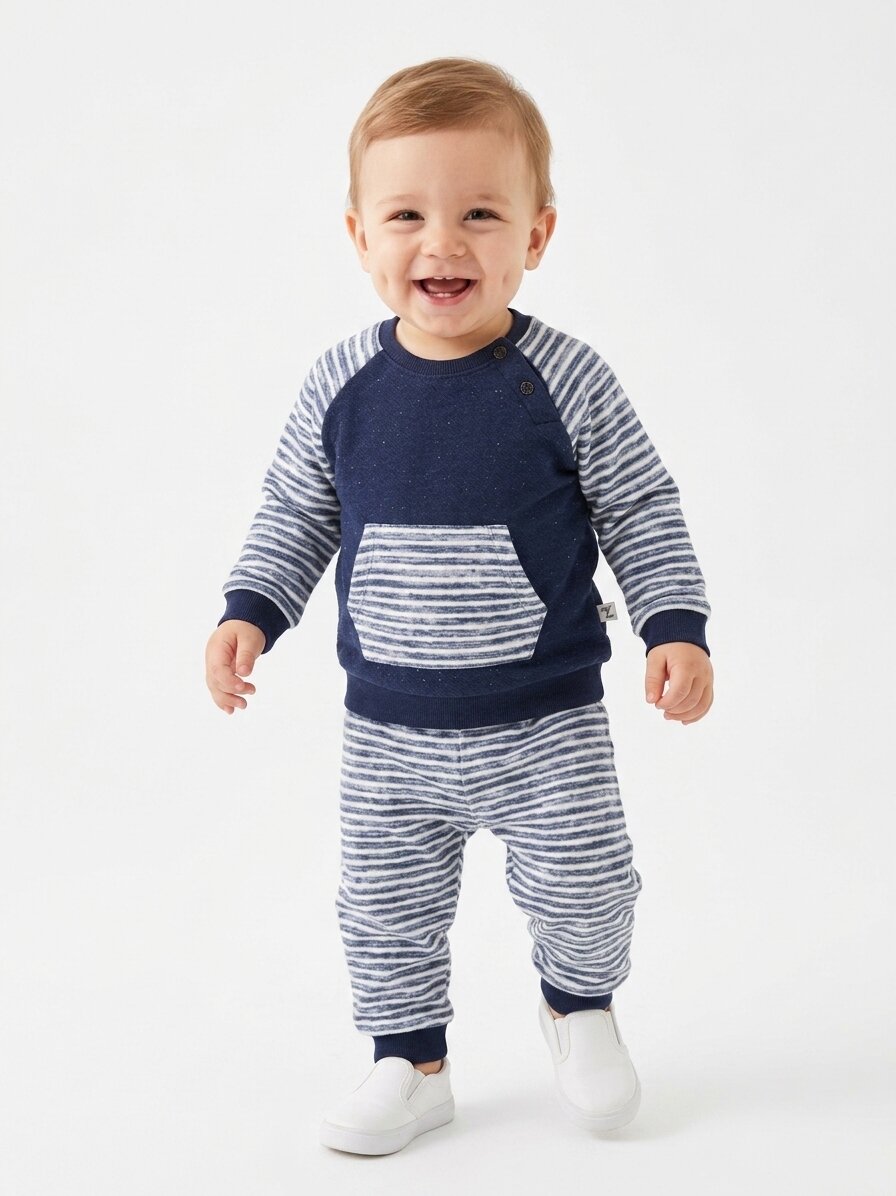 Pamuklu Çizgili Kanguru Cepli 2li Erkek Bebek Takım