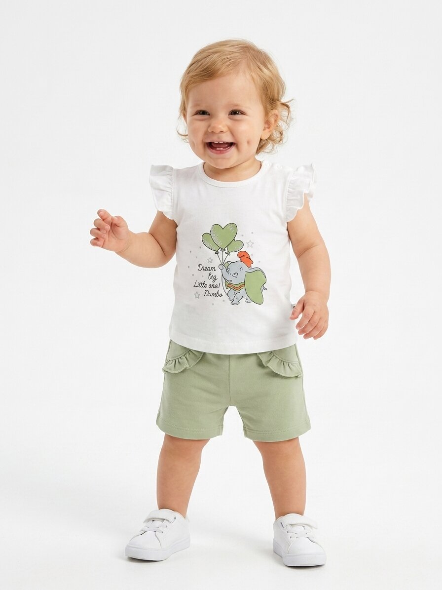 Pamuklu Sevimli Fil Detaylı Kız Bebek 2li Şortlu Takım