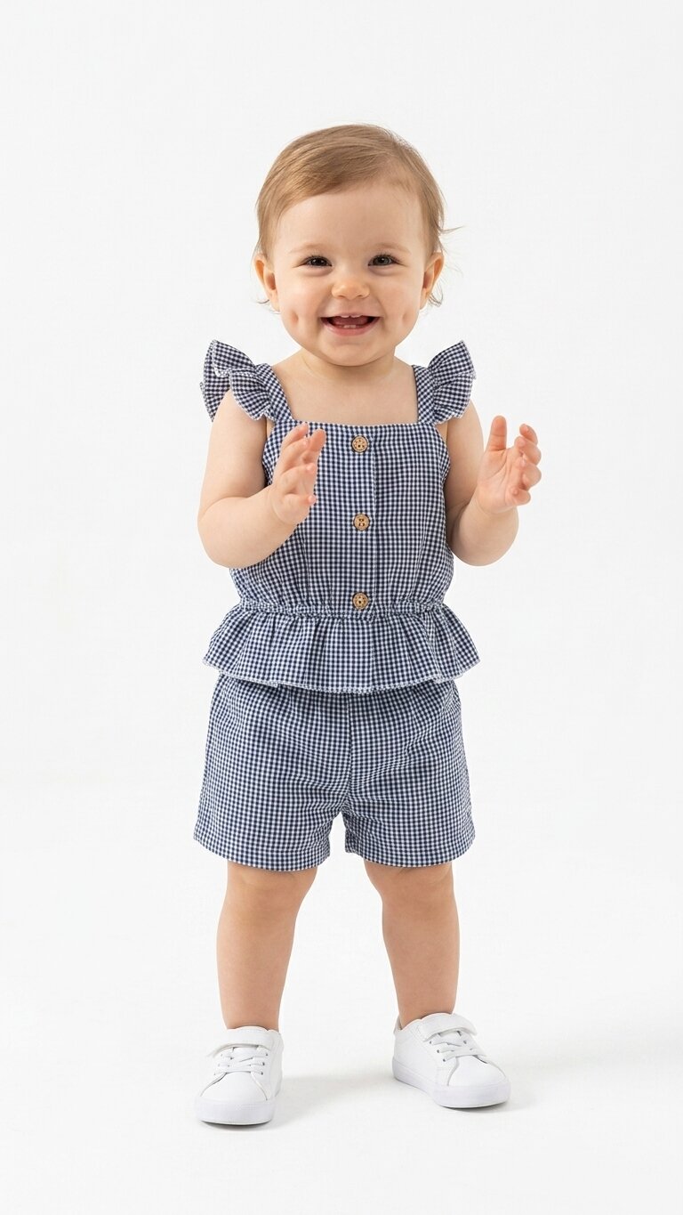 Pamuklu Piti Kareli Fırfır Detaylı Düğmeli 2li Kız Bebek Takım