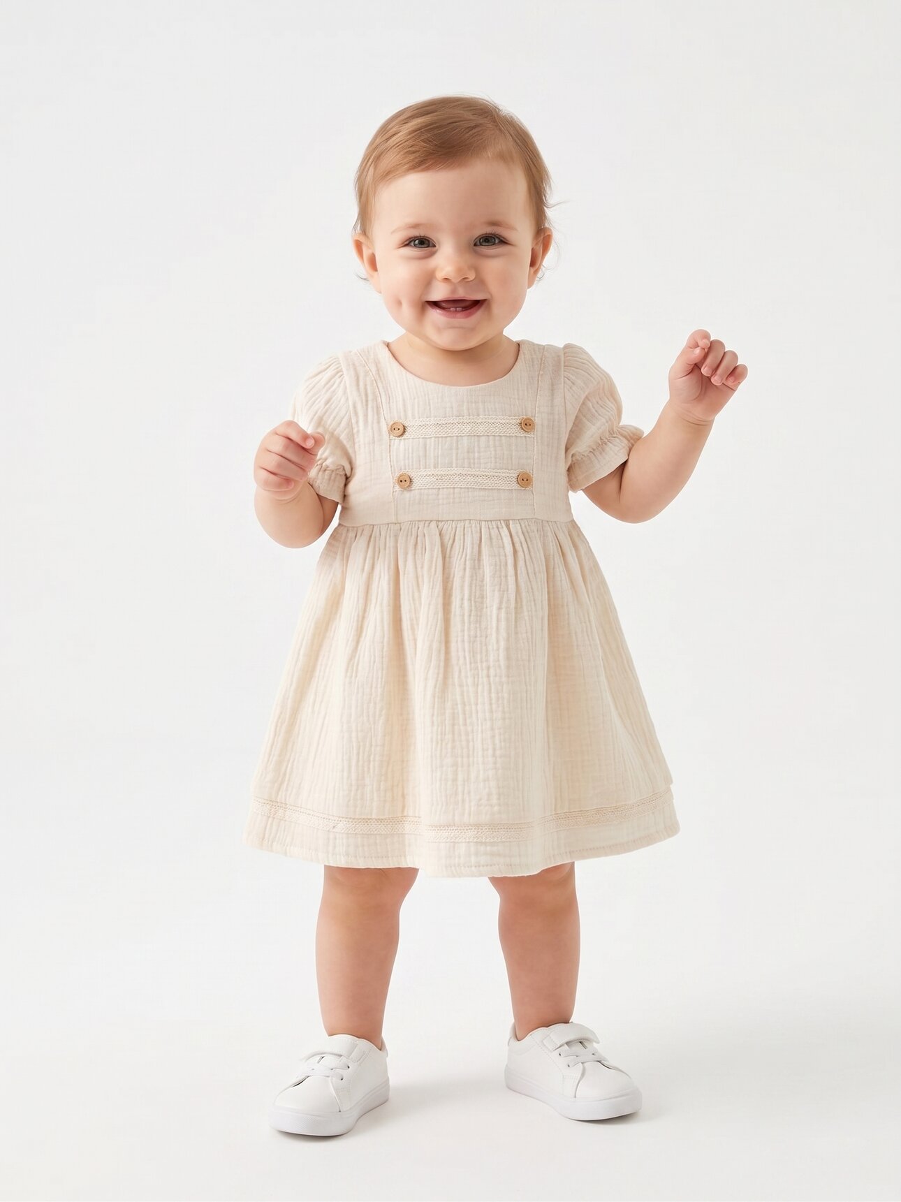 Organik Düğme Detaylı Kız Bebek Elbise
