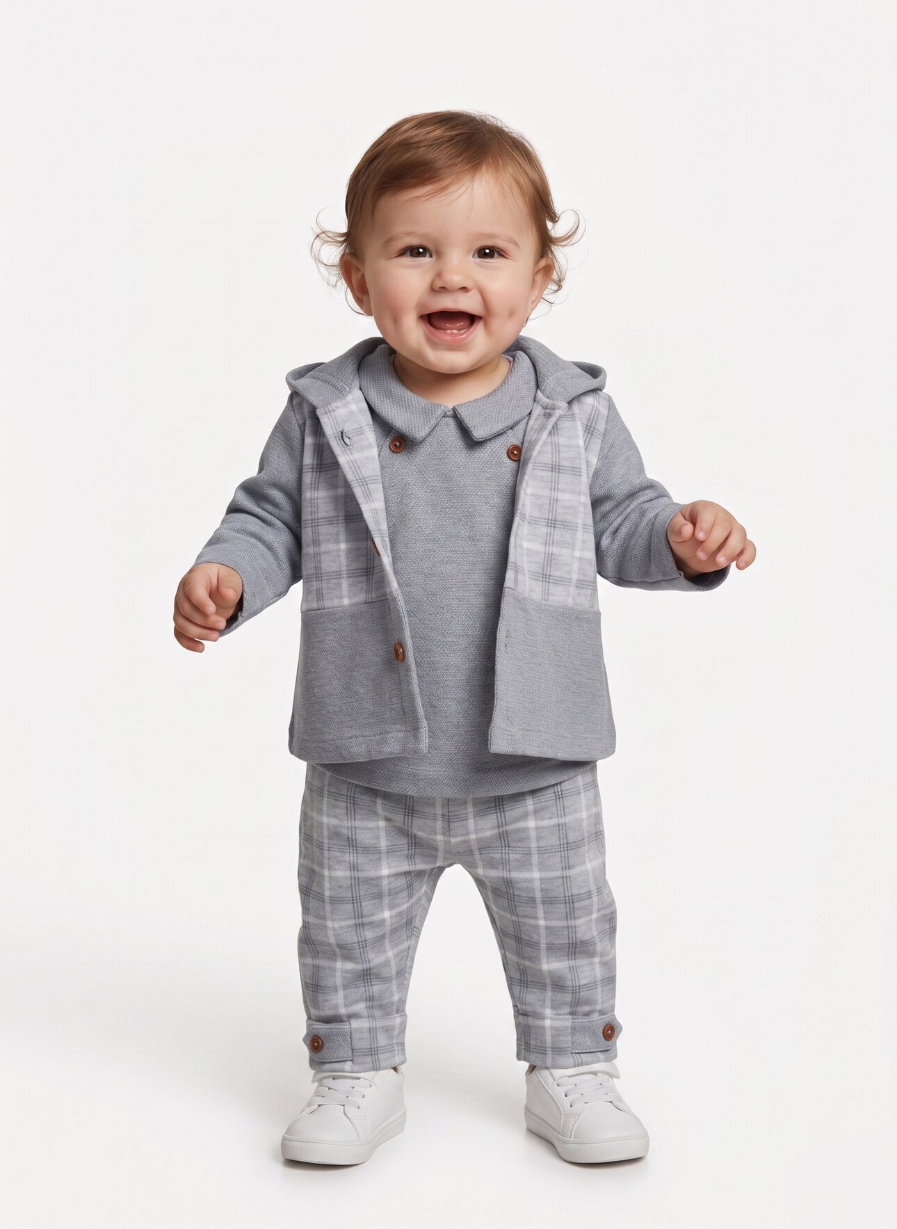 Pamuklu Ekose Detaylı Hırkalı 3lü Erkek Bebek Takım