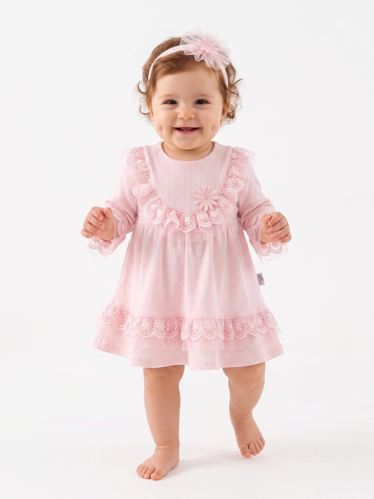 Pamuklu Dantel Detaylı Bandanalı  Kız Bebek Elbise