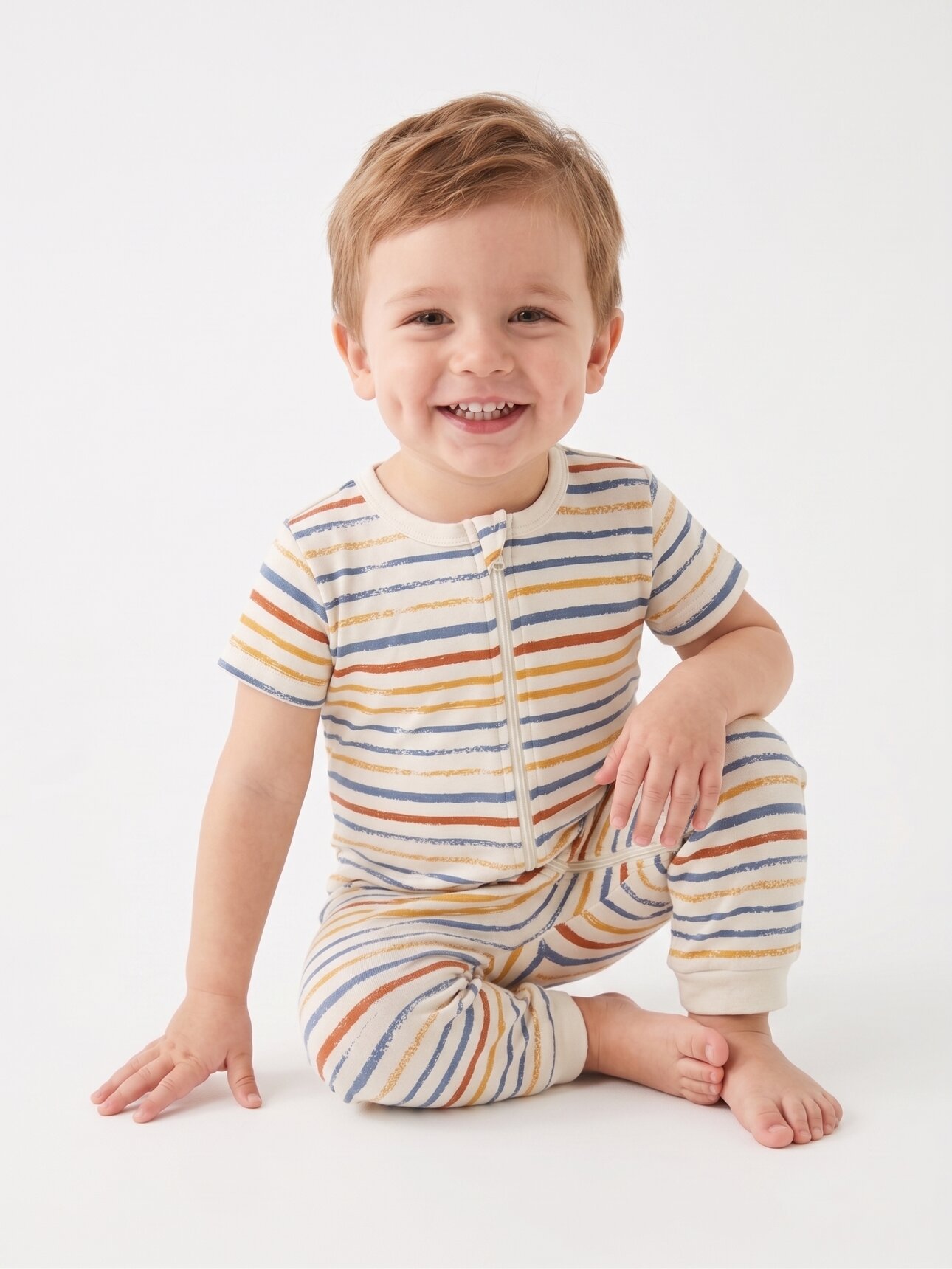 Pamuklu Çizgili Fermuar Detaylı Erkek Bebek Tulum Pijama