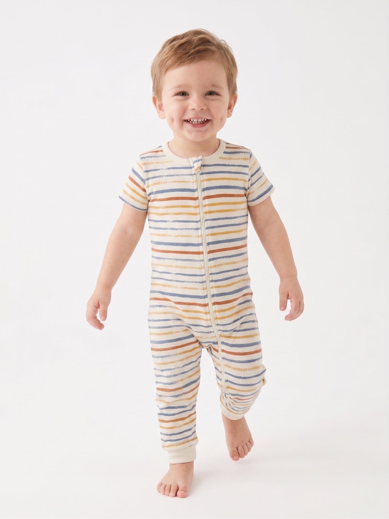 Pamuklu Çizgili Fermuar Detaylı Erkek Bebek Tulum Pijama