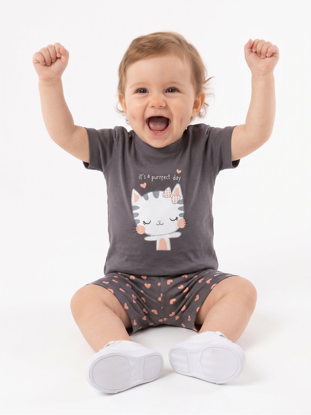 Pamuklu Kedicik Detaylı Kız Bebek 2li Şortlu Takım