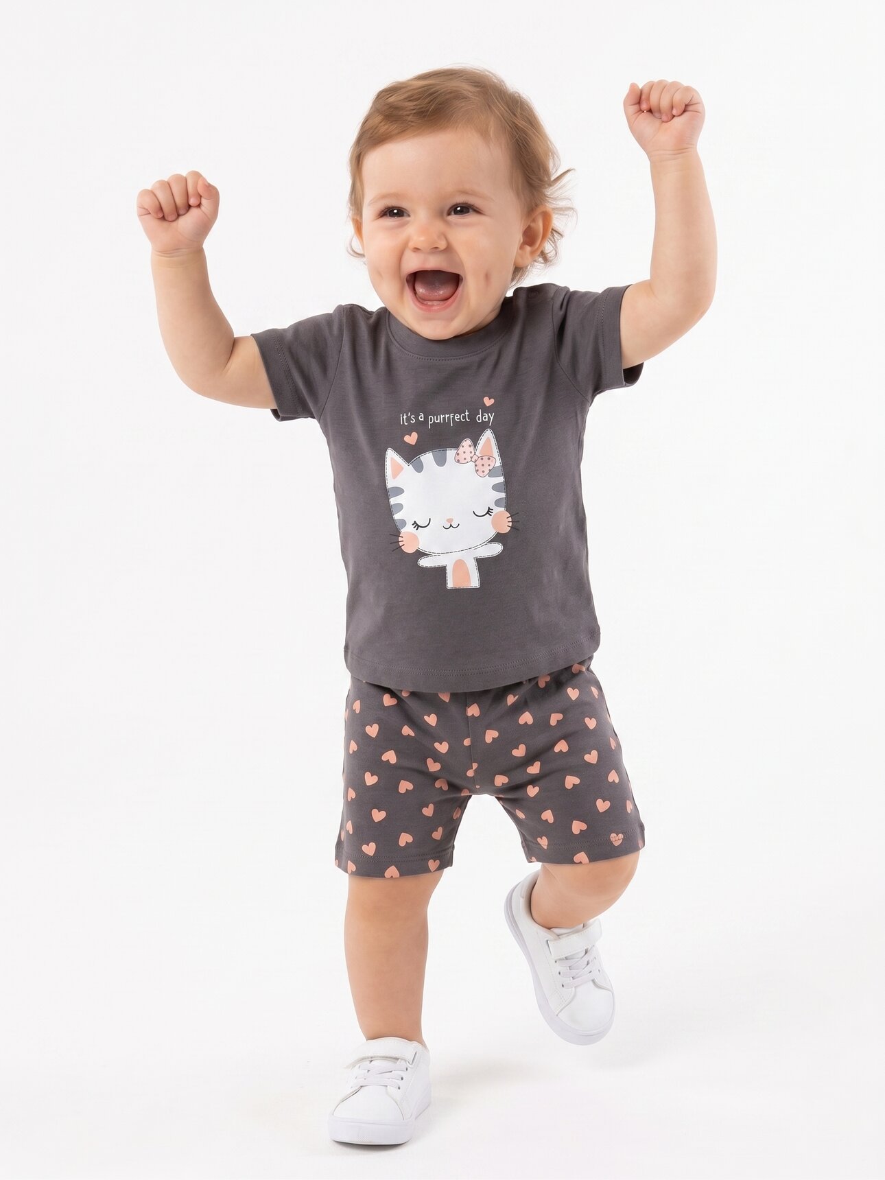 Pamuklu Kedicik Detaylı Kız Bebek 2li Şortlu Takım