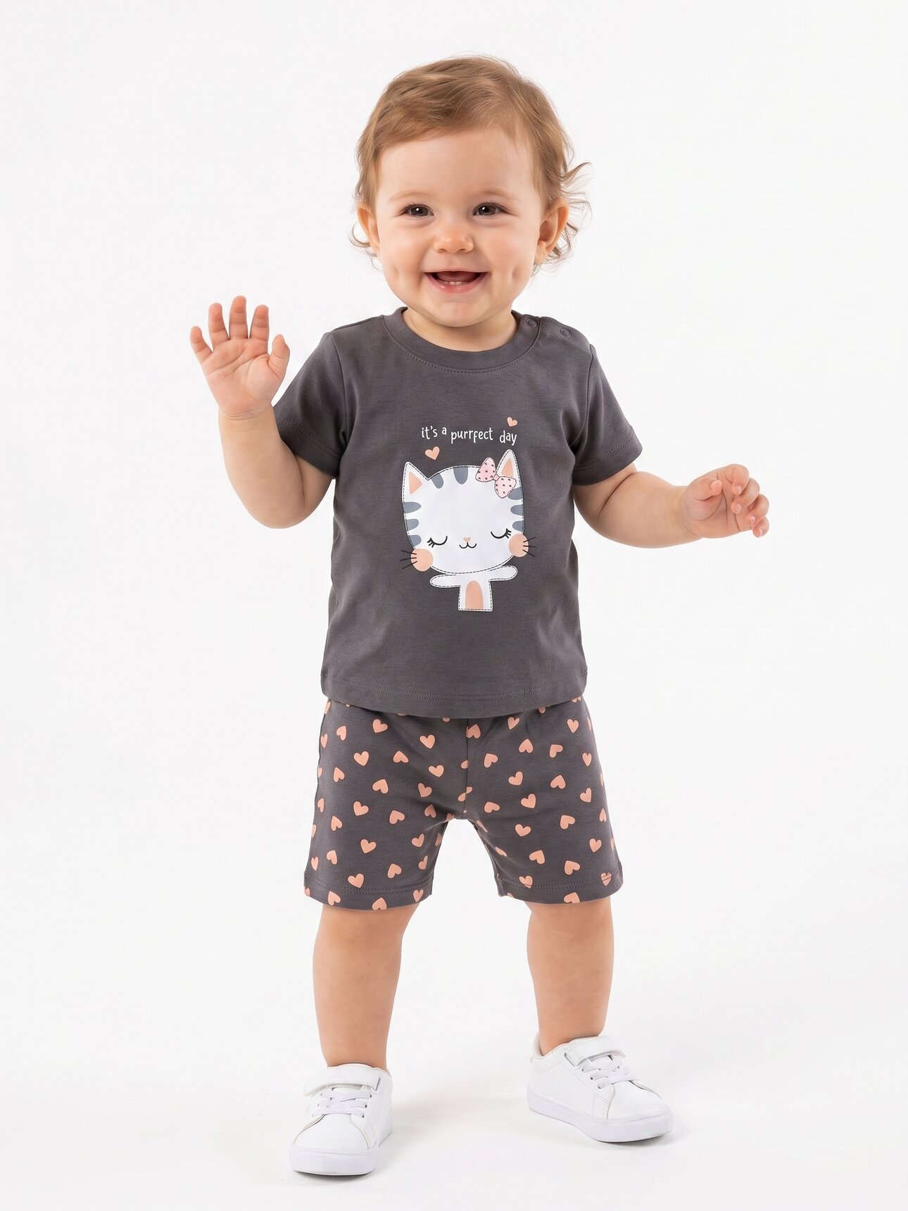 Pamuklu Kedicik Detaylı Kız Bebek 2li Şortlu Takım