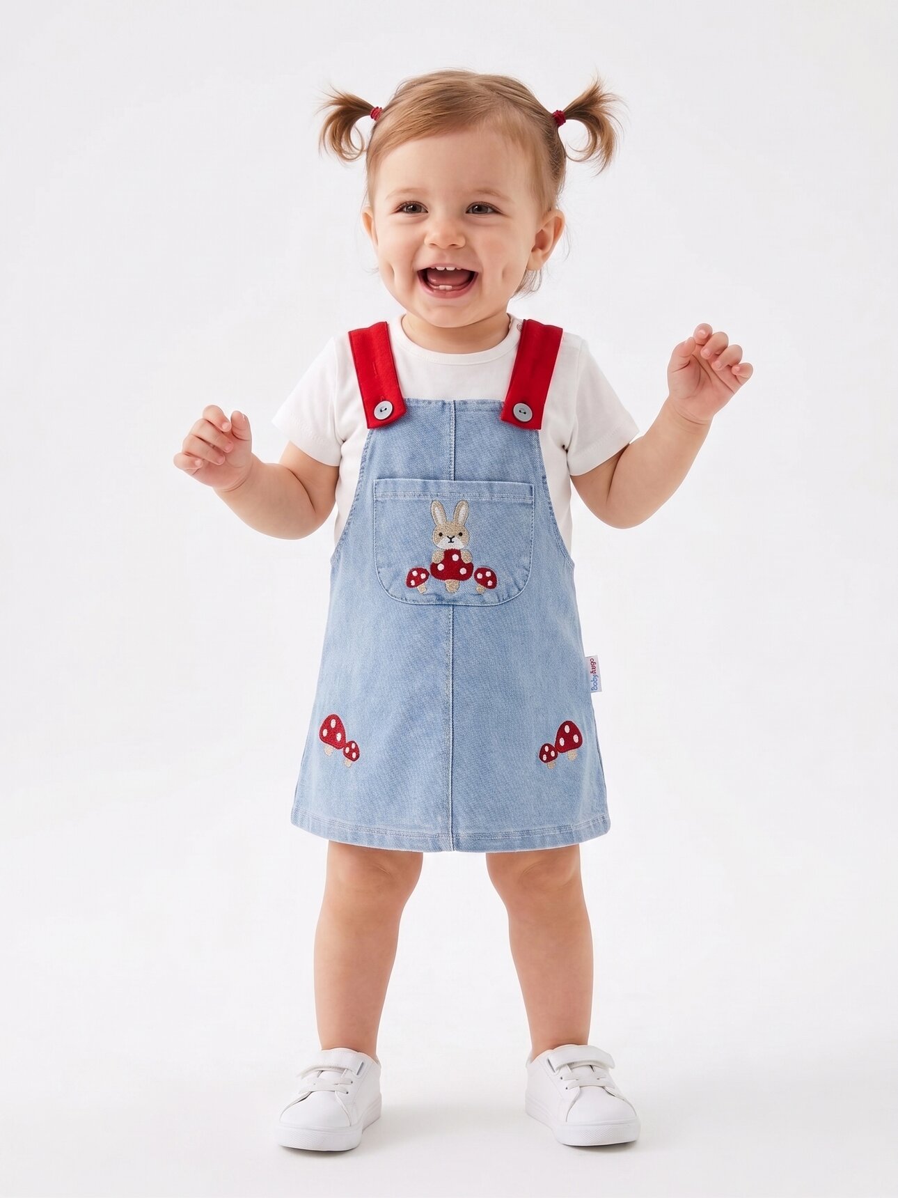 Pamuklu Tavşan Detaylı Cepli  Kot Salopet 2li Kız Bebek Elbise