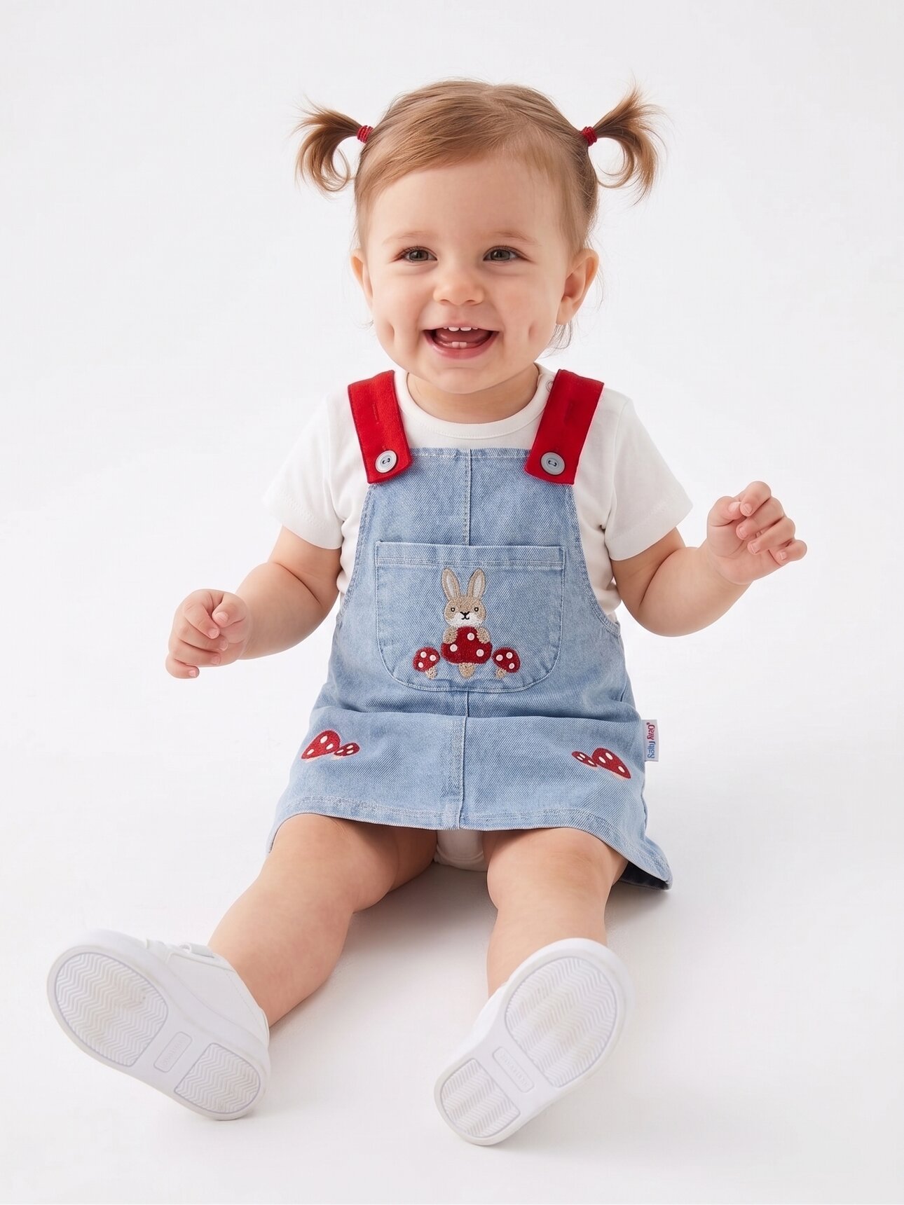 Pamuklu Tavşan Detaylı Cepli  Kot Salopet 2li Kız Bebek Elbise