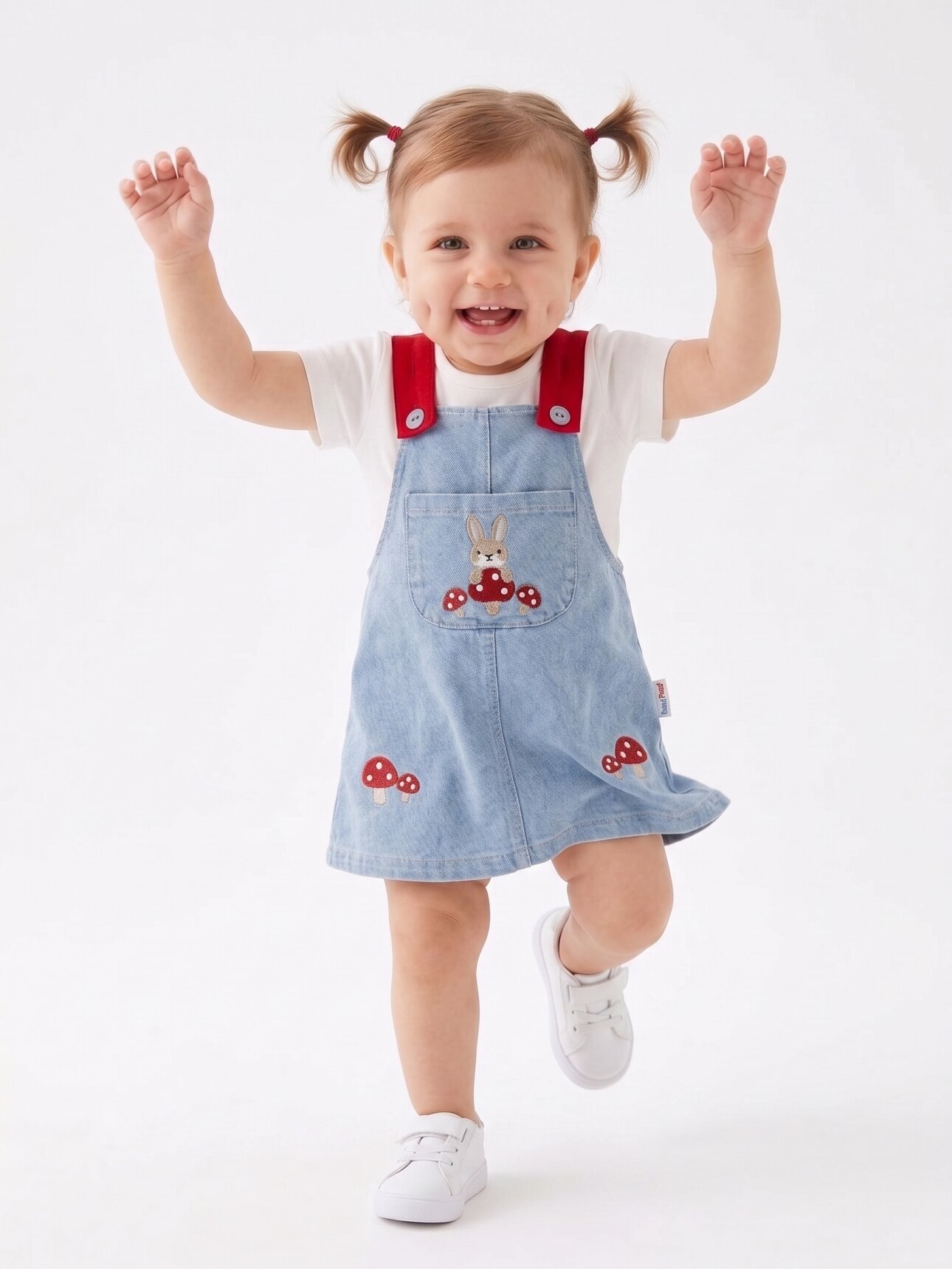 Pamuklu Tavşan Detaylı Cepli  Kot Salopet 2li Kız Bebek Elbise